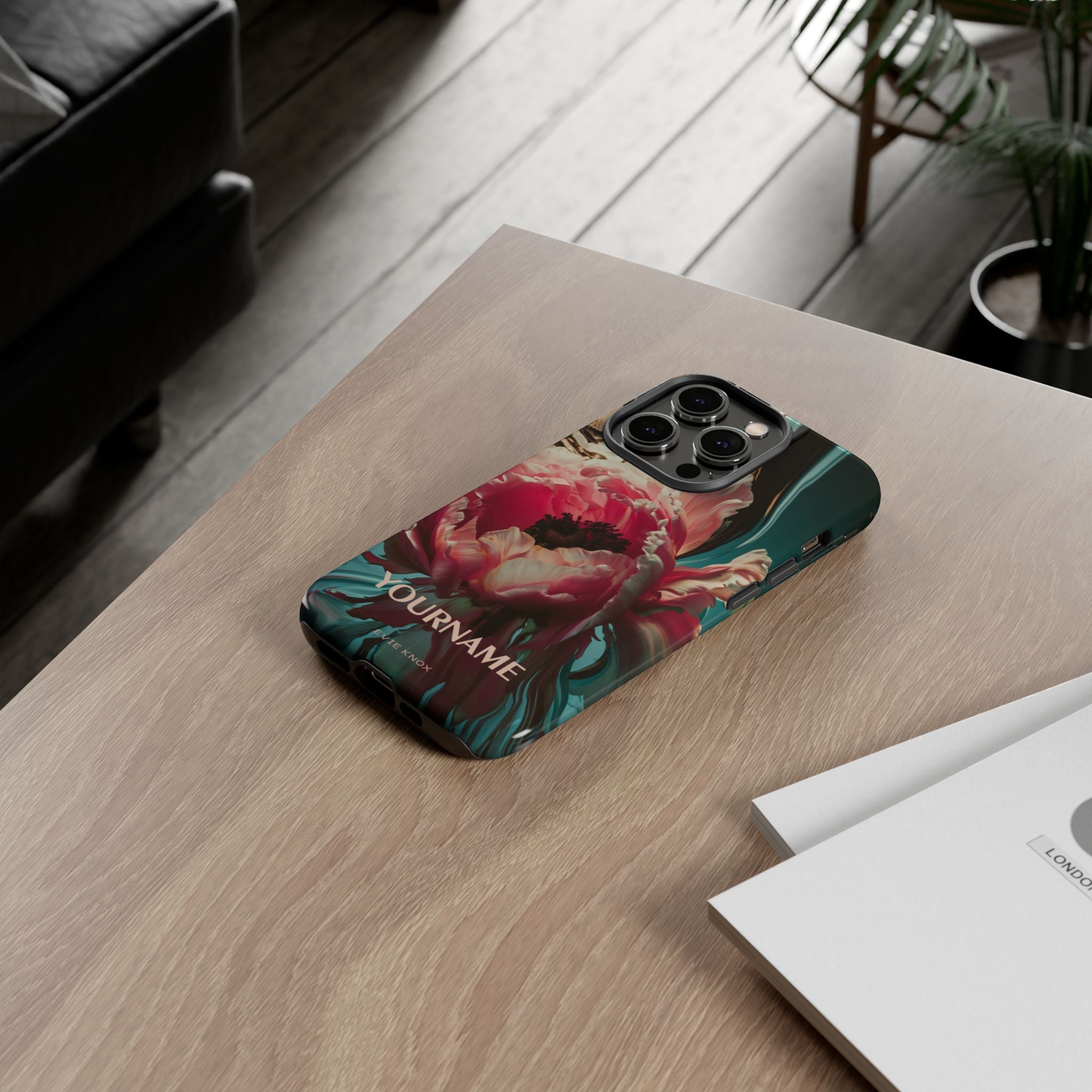 Floral Splash Tough Phone Case — Dark Teal & Pink Peony Design