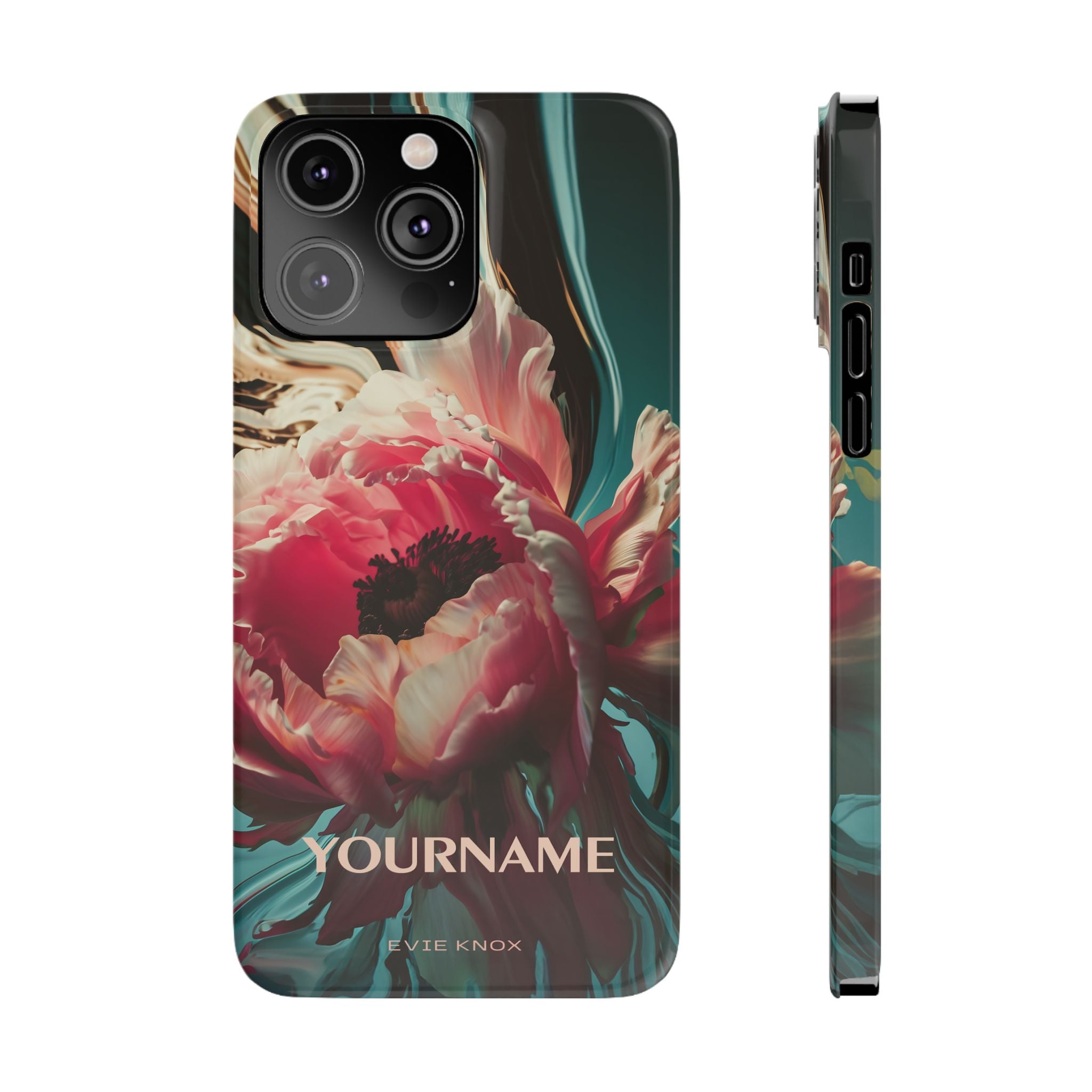 Floral Splash Slim Phone Case — Dark Teal & Pink Peony Design