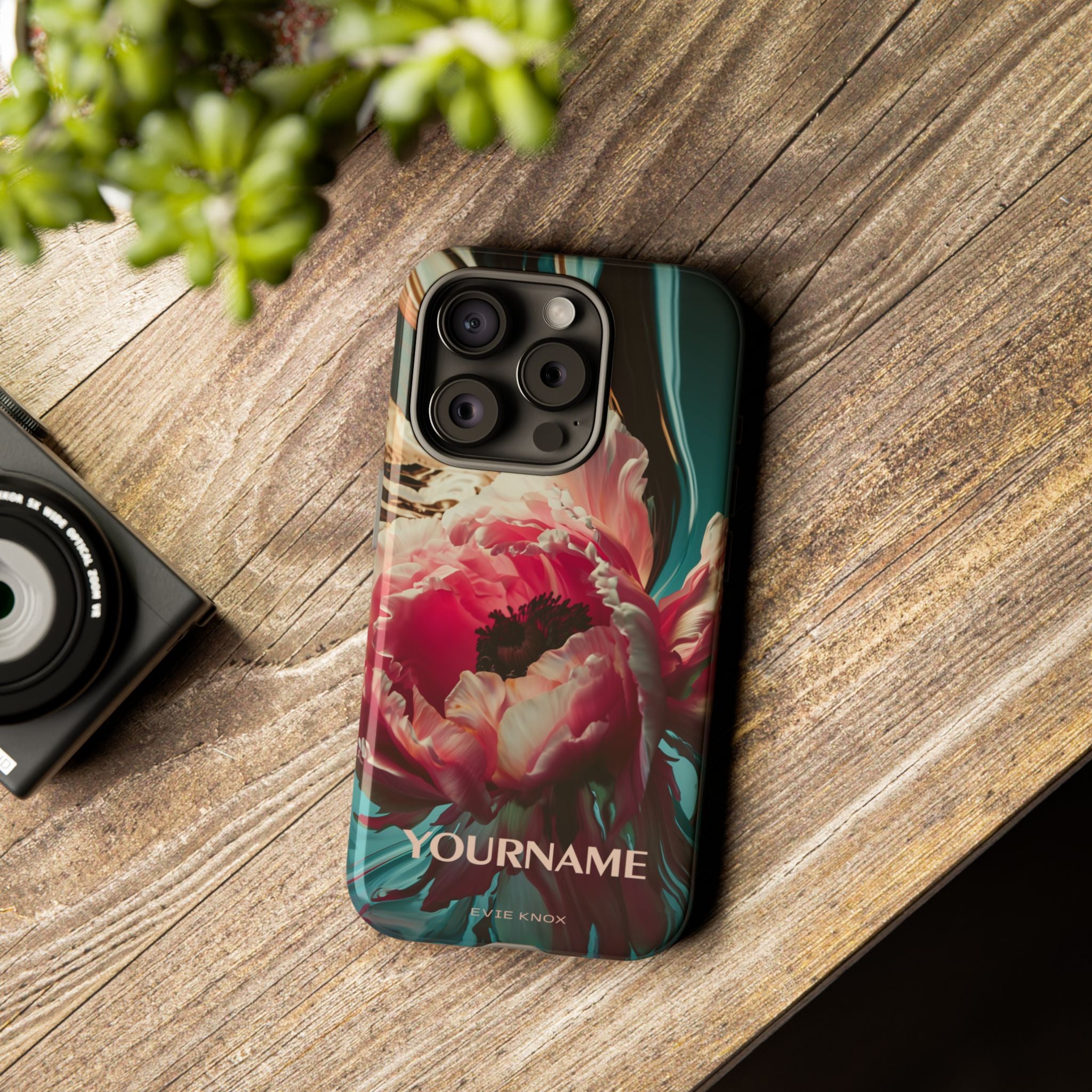 Floral Splash Tough Phone Case — Dark Teal & Pink Peony Design