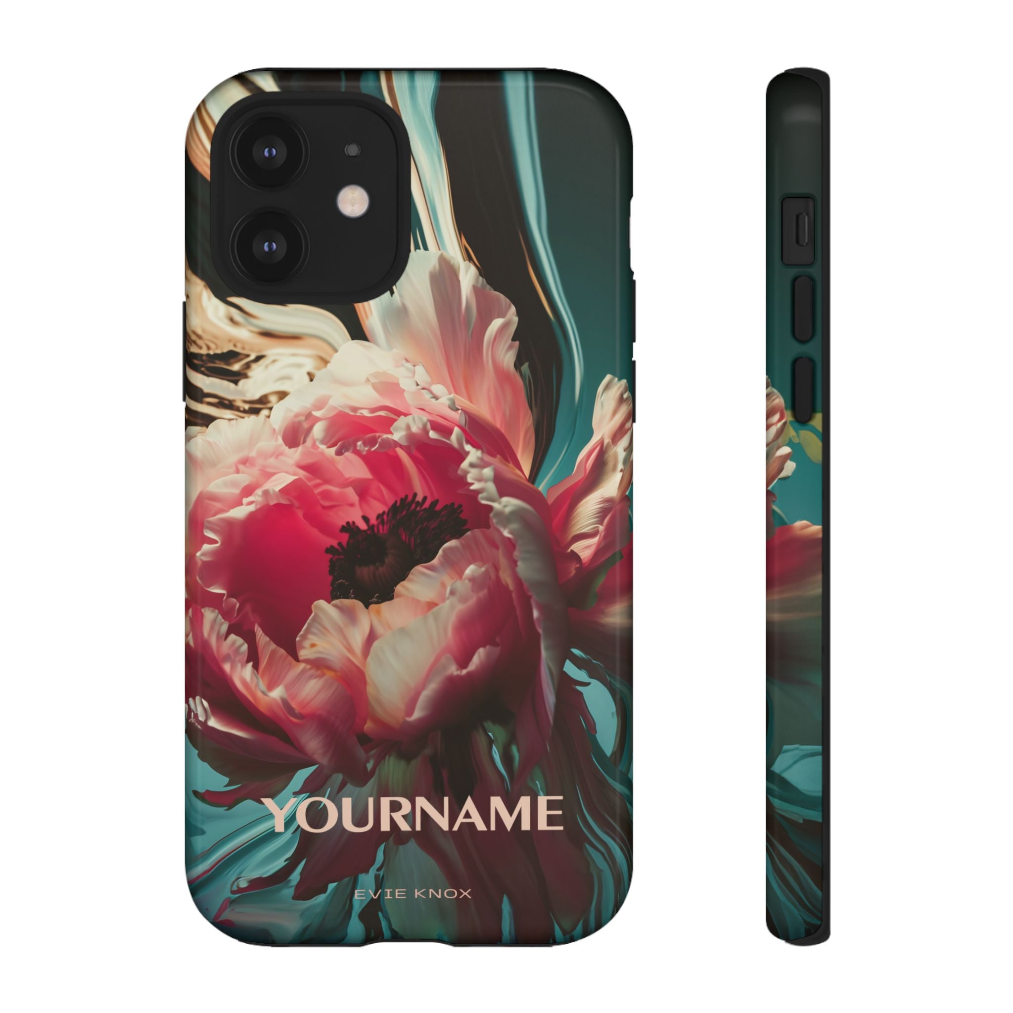 Floral Splash Tough Phone Case — Dark Teal & Pink Peony Design
