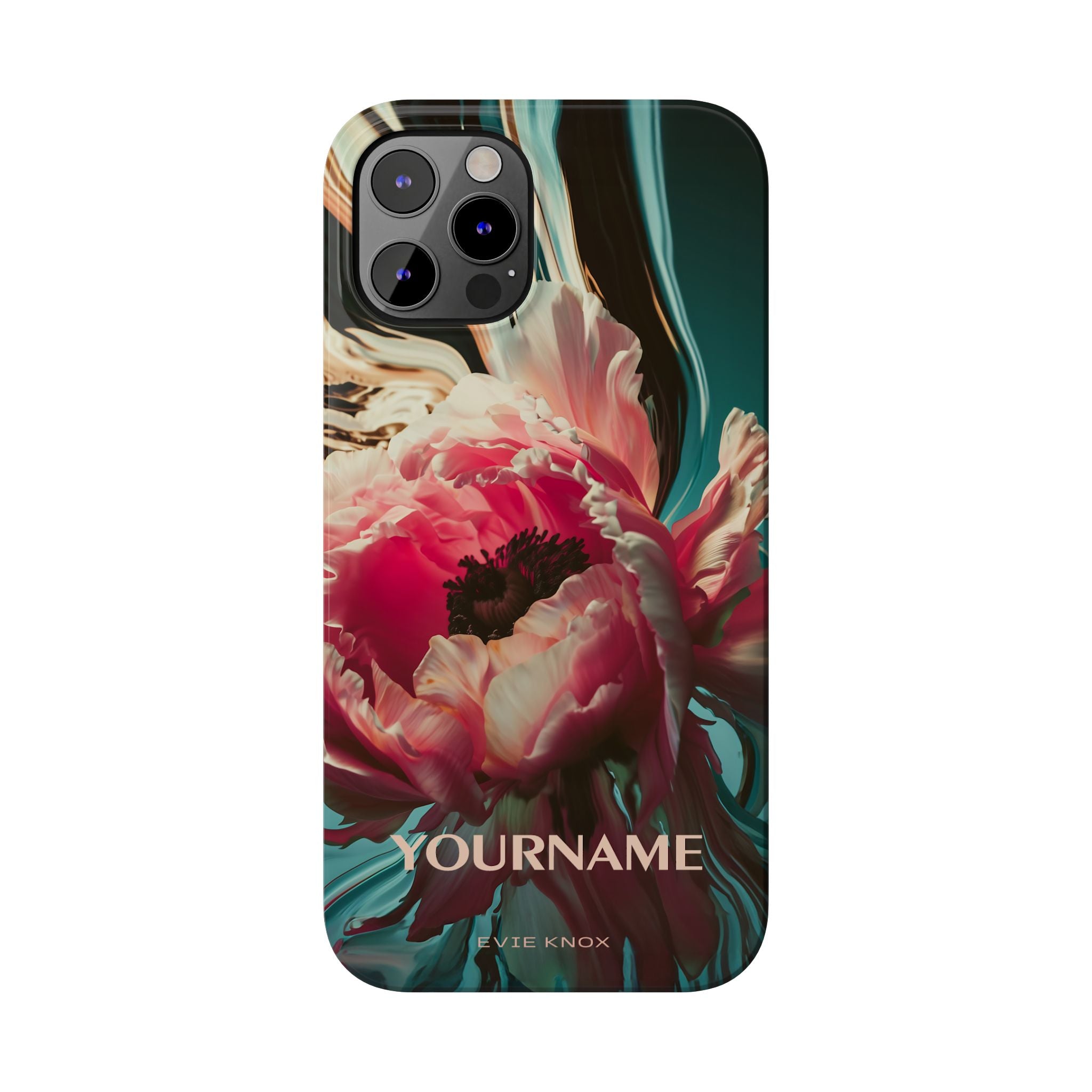 Floral Splash Slim Phone Case — Dark Teal & Pink Peony Design
