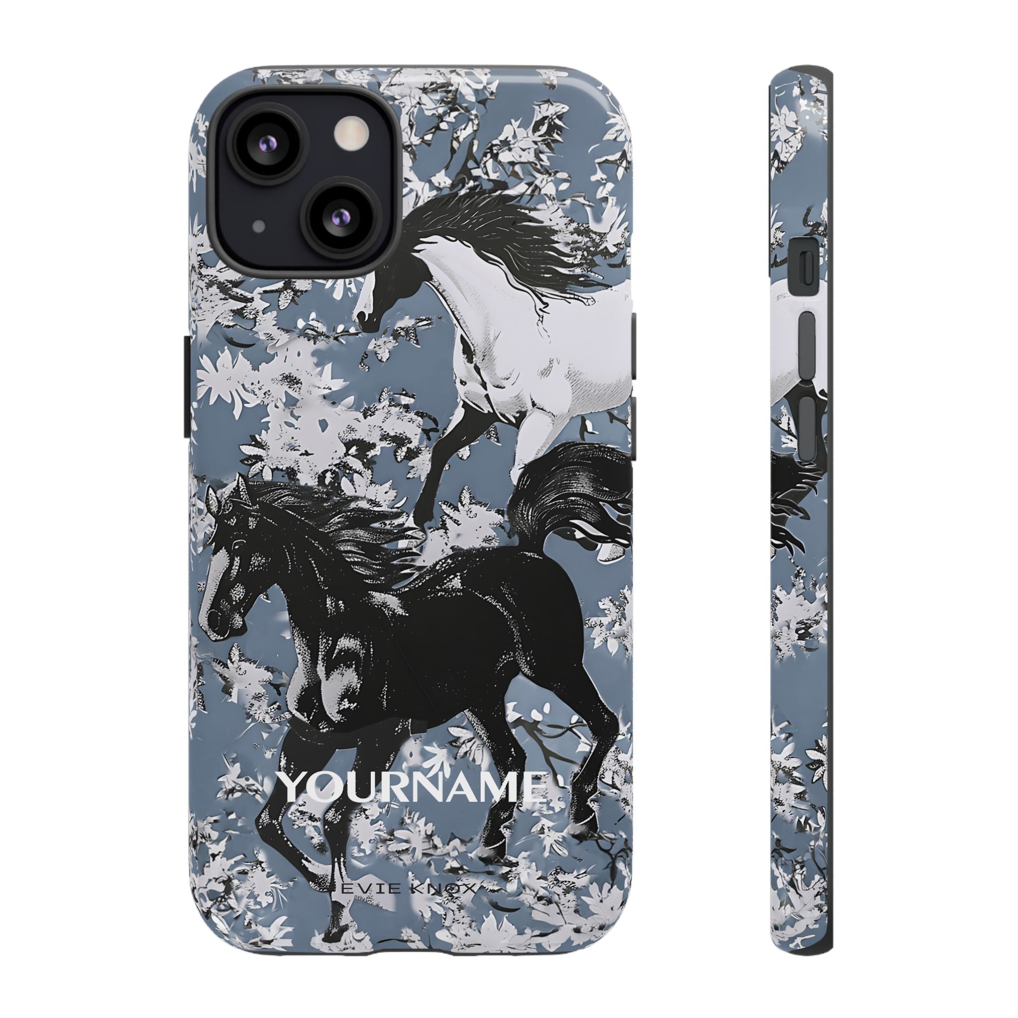 Horses on Dusty Blue Floral Pattern Tough Phone Case - Personalizable iPhone Case