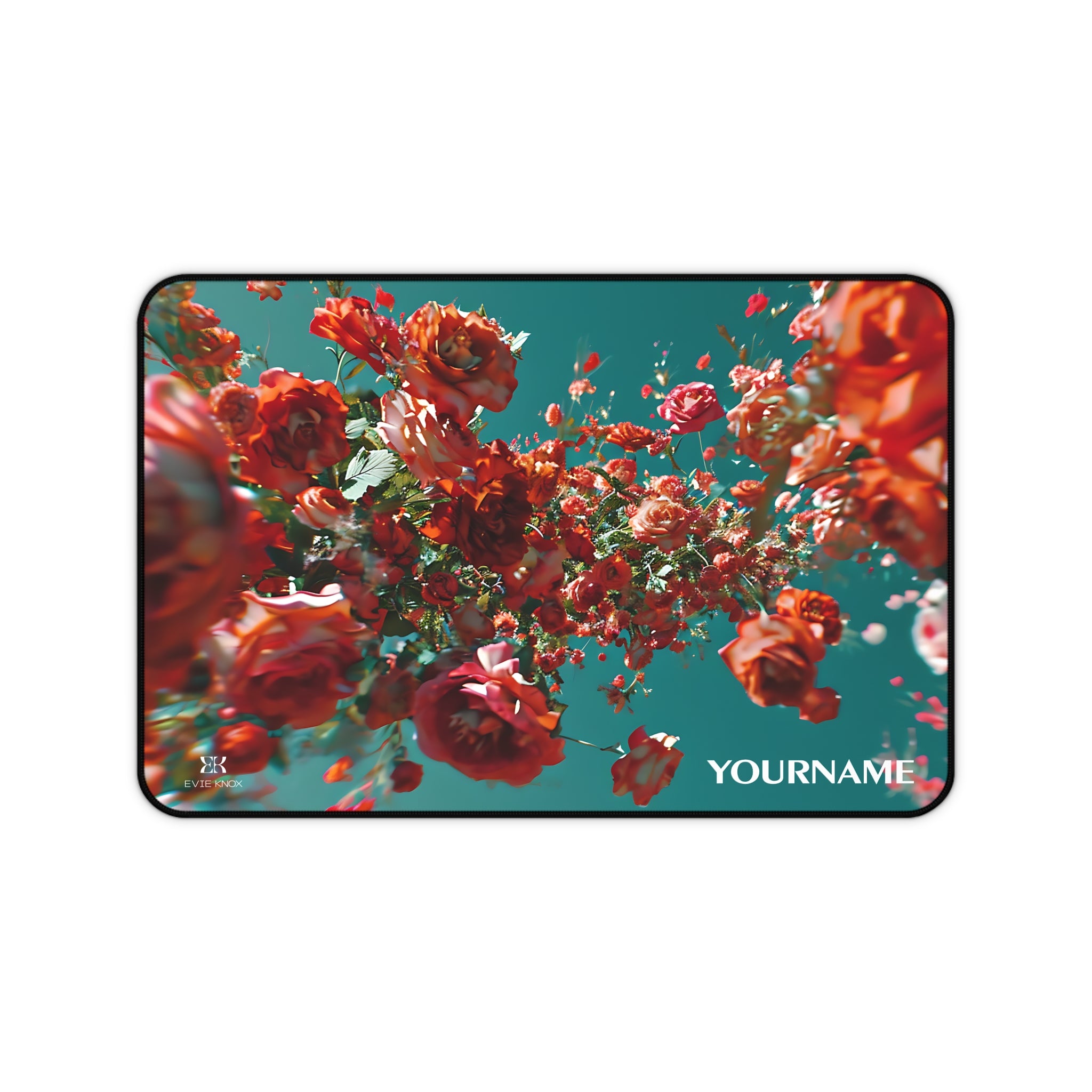 Floral Cascade Desk Mat — Red Roses on Teal Mouse Pad