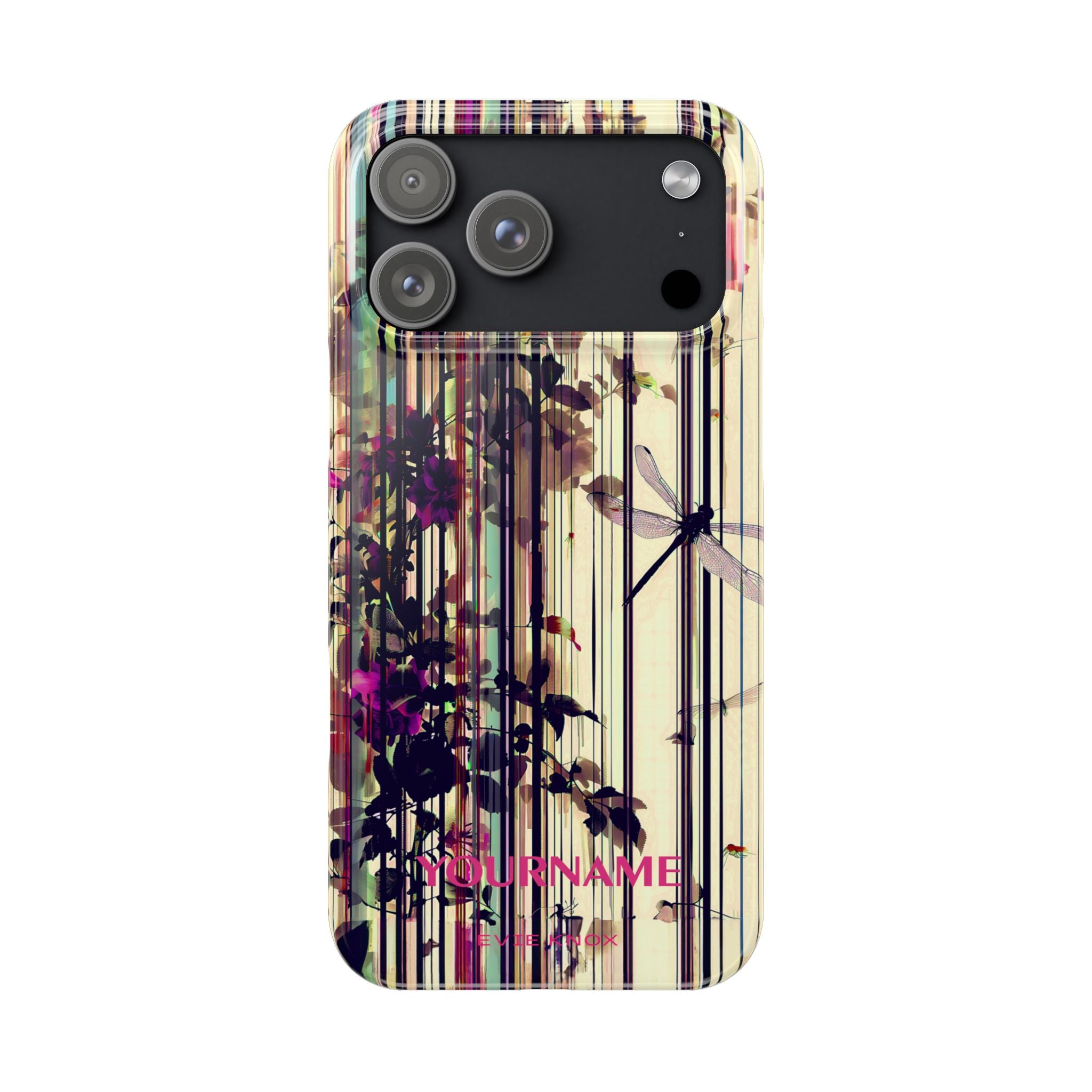 Floral Stripes Slim Phone Case — Vintage Botanical Dragonfly Design