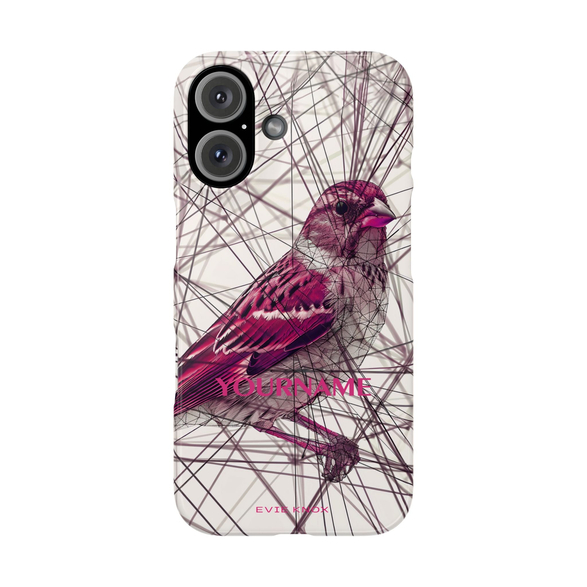 Pink Finch Bird Illustration on Abstract Line Background - Slim Phone Case