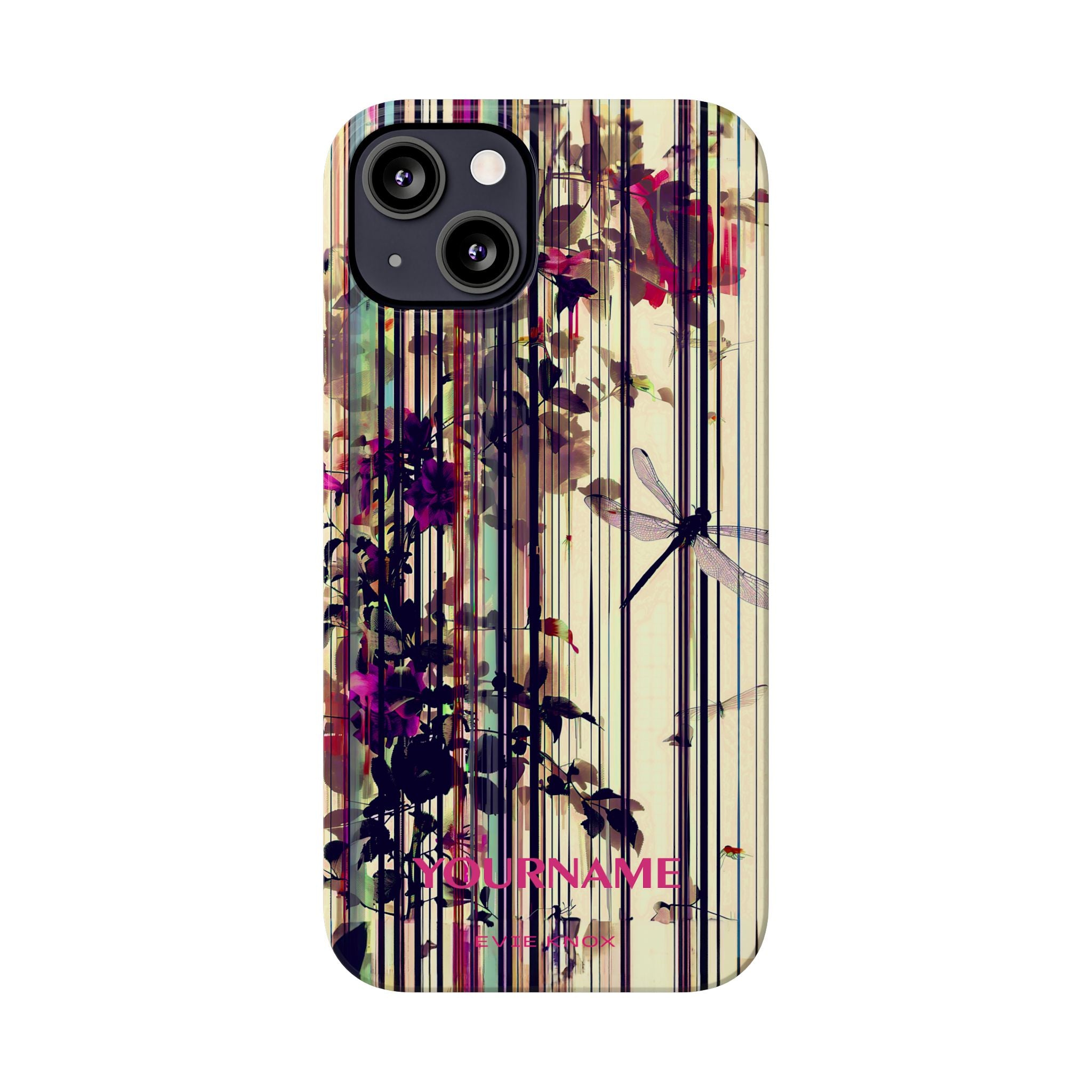 Floral Stripes Slim Phone Case — Vintage Botanical Dragonfly Design