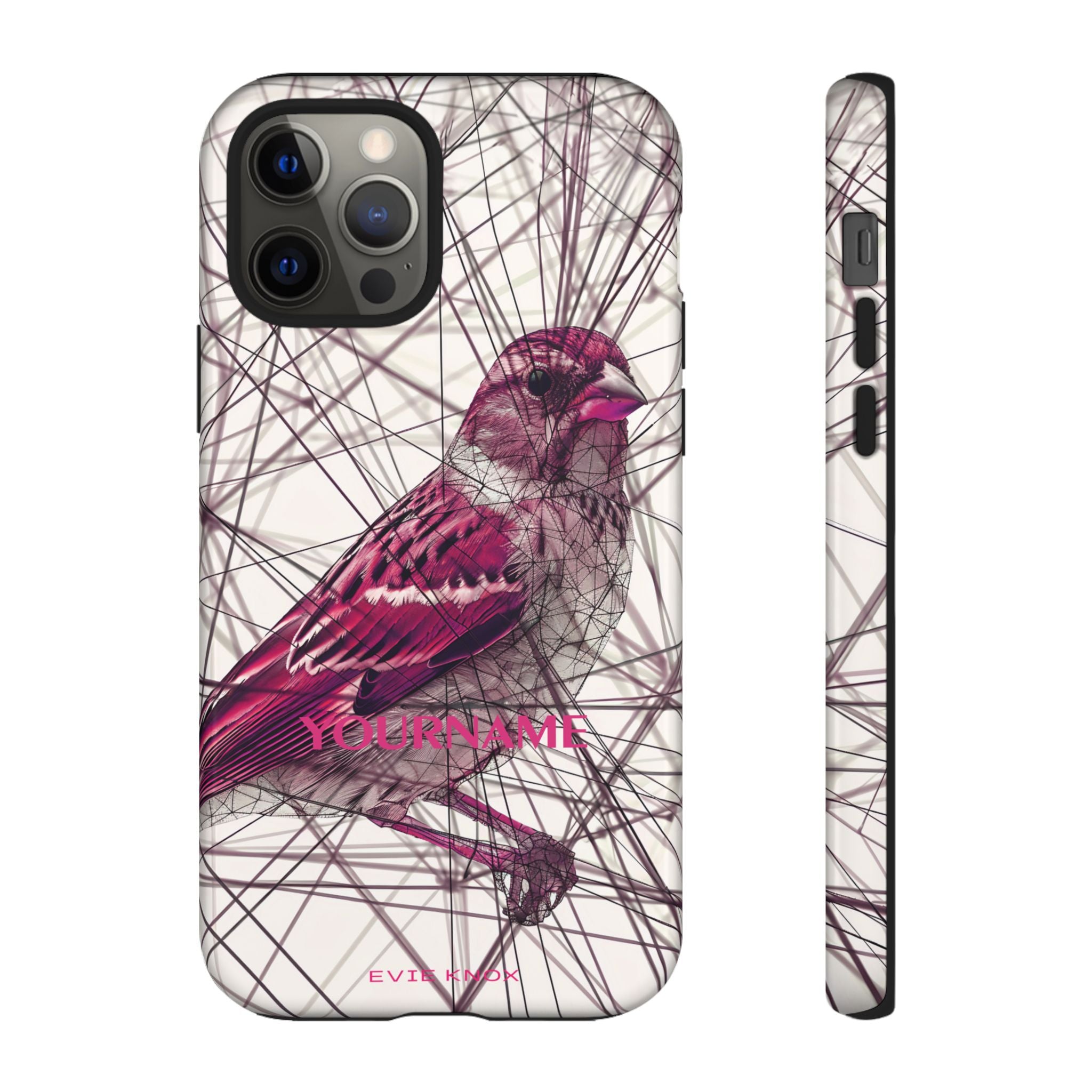 Pink Finch Bird Illustration on Abstract Line Background - Tough Phone Case