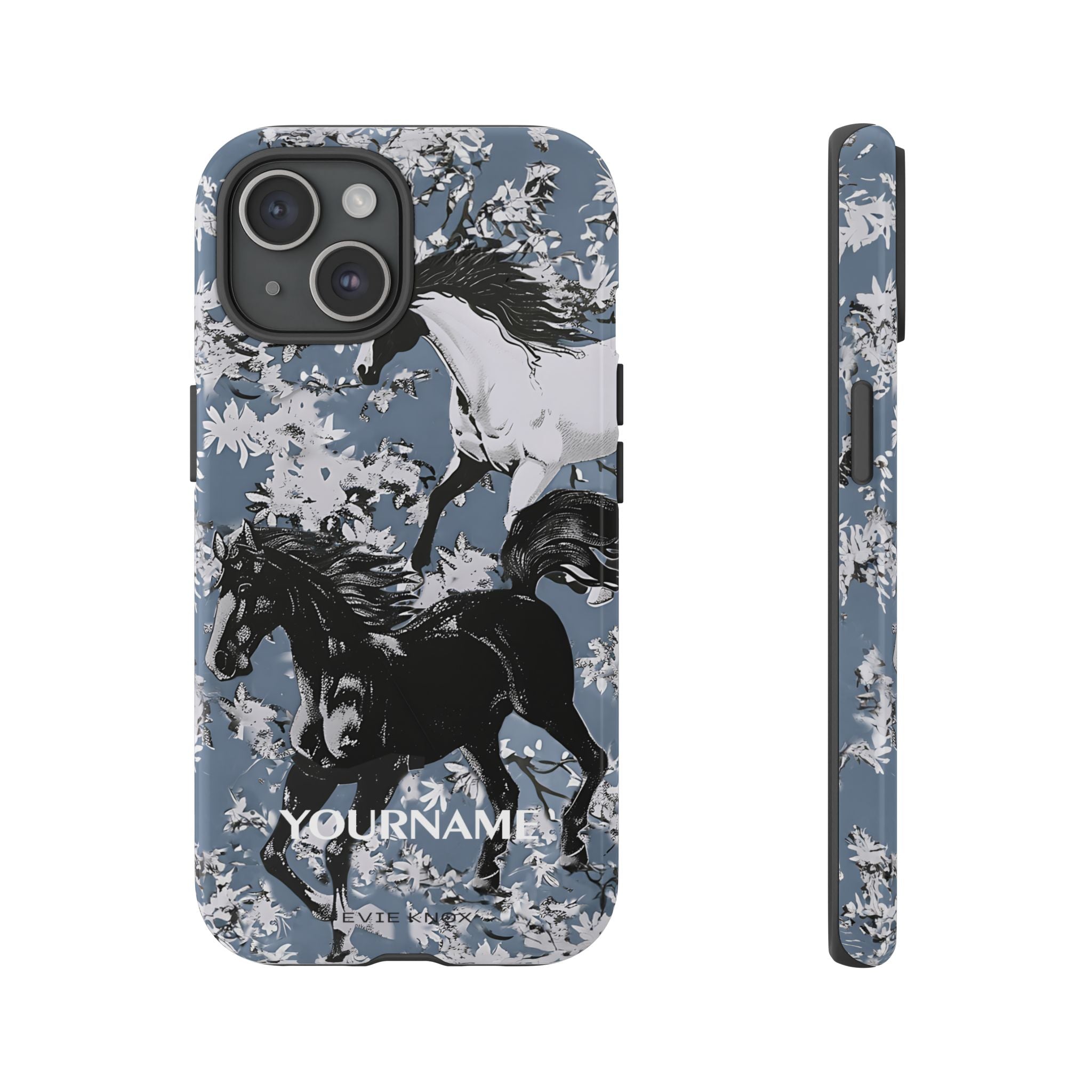 Horses on Dusty Blue Floral Pattern Tough Phone Case - Personalizable iPhone Case