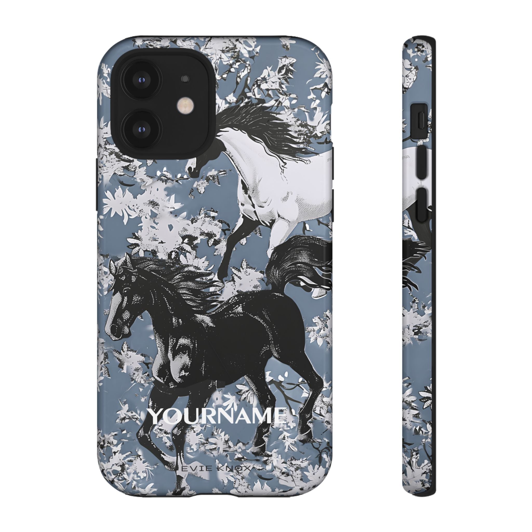 Horses on Dusty Blue Floral Pattern Tough Phone Case - Personalizable iPhone Case