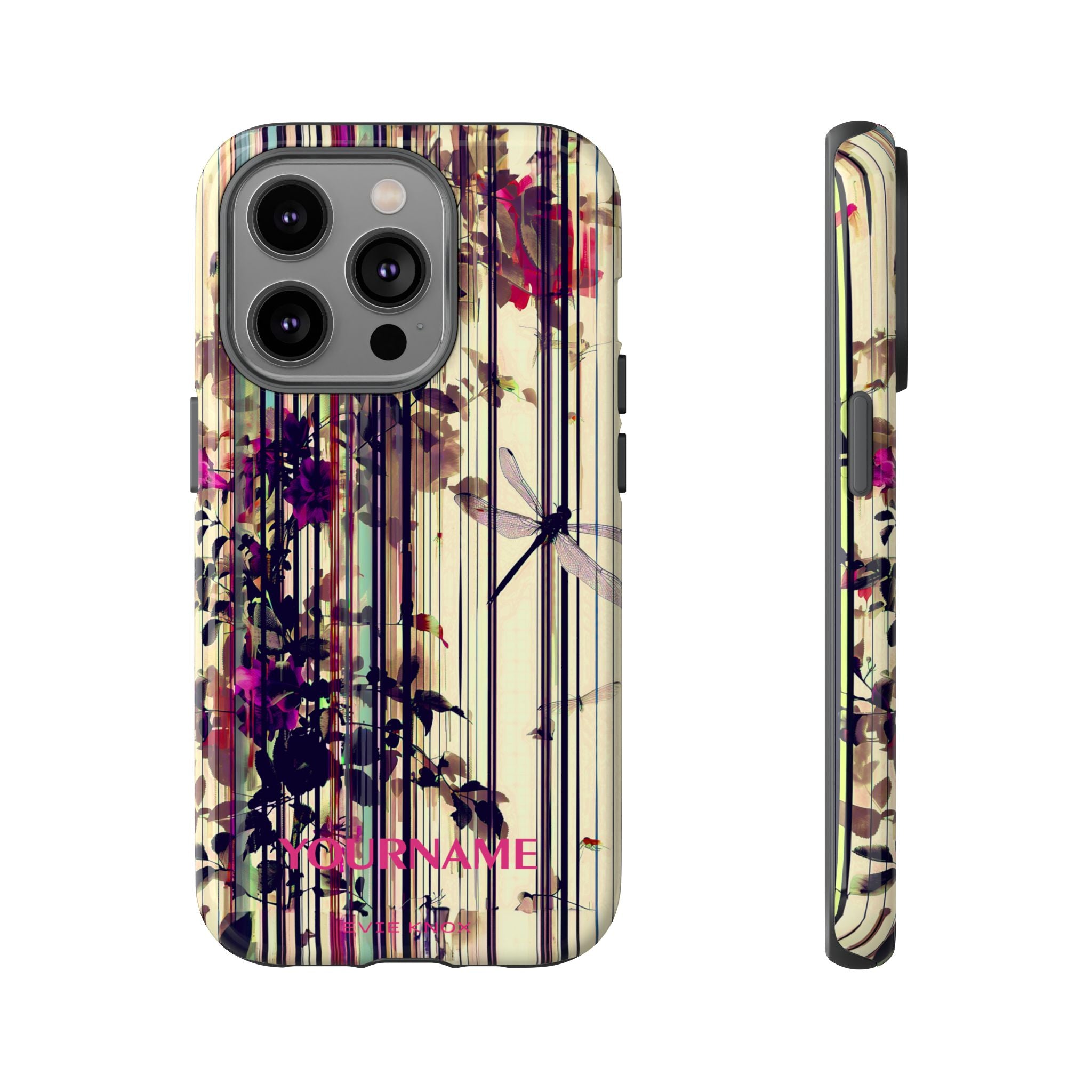 Floral Stripes Tough Phone Case — Vintage Botanical Dragonfly Design