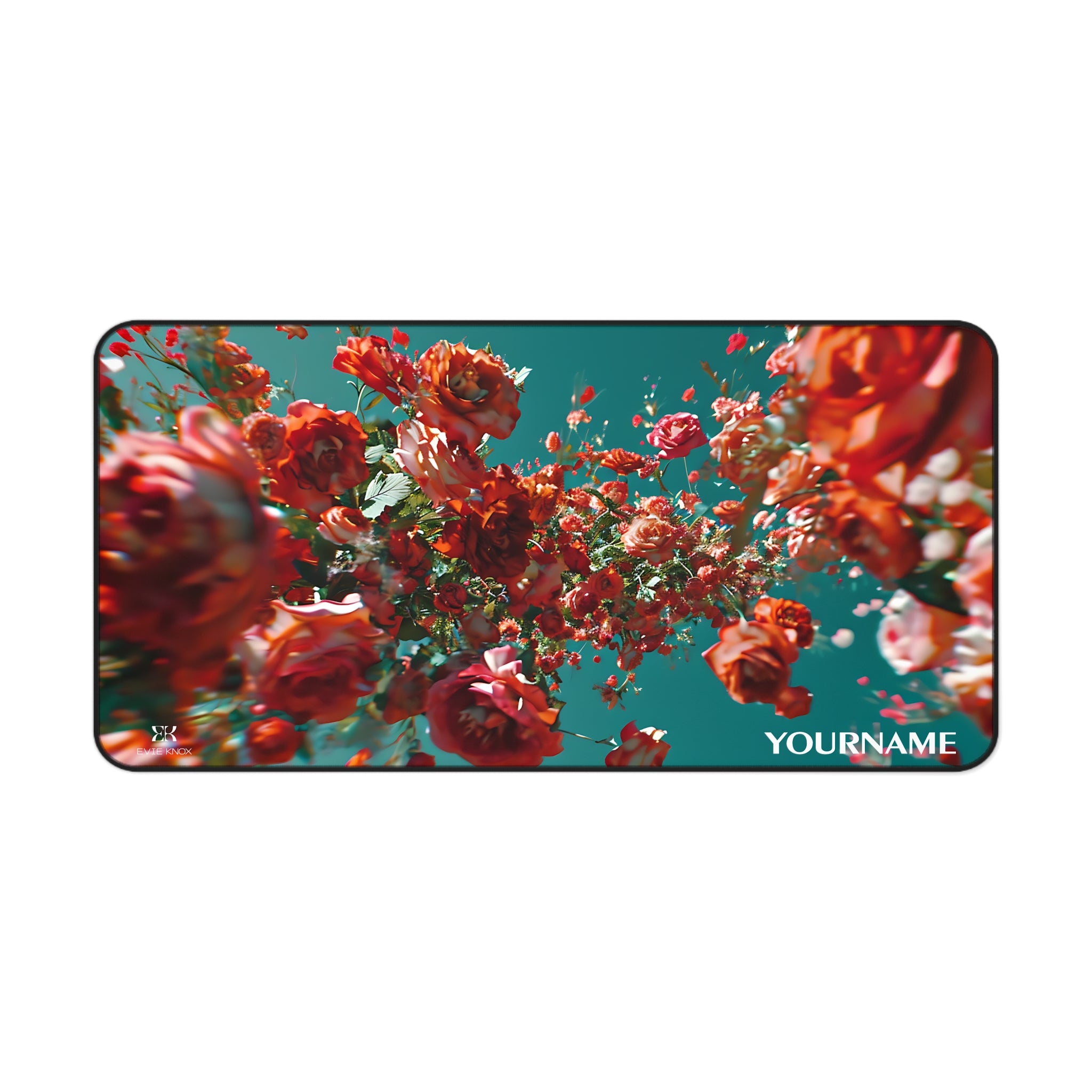 Floral Cascade Desk Mat — Red Roses on Teal Mouse Pad