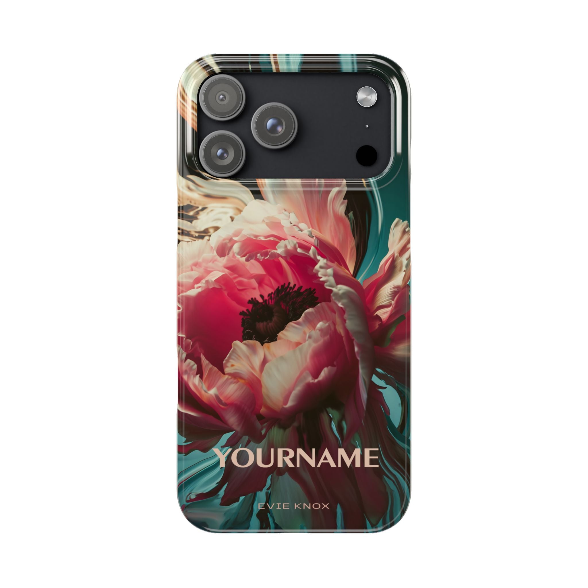Floral Splash Slim Phone Case — Dark Teal & Pink Peony Design