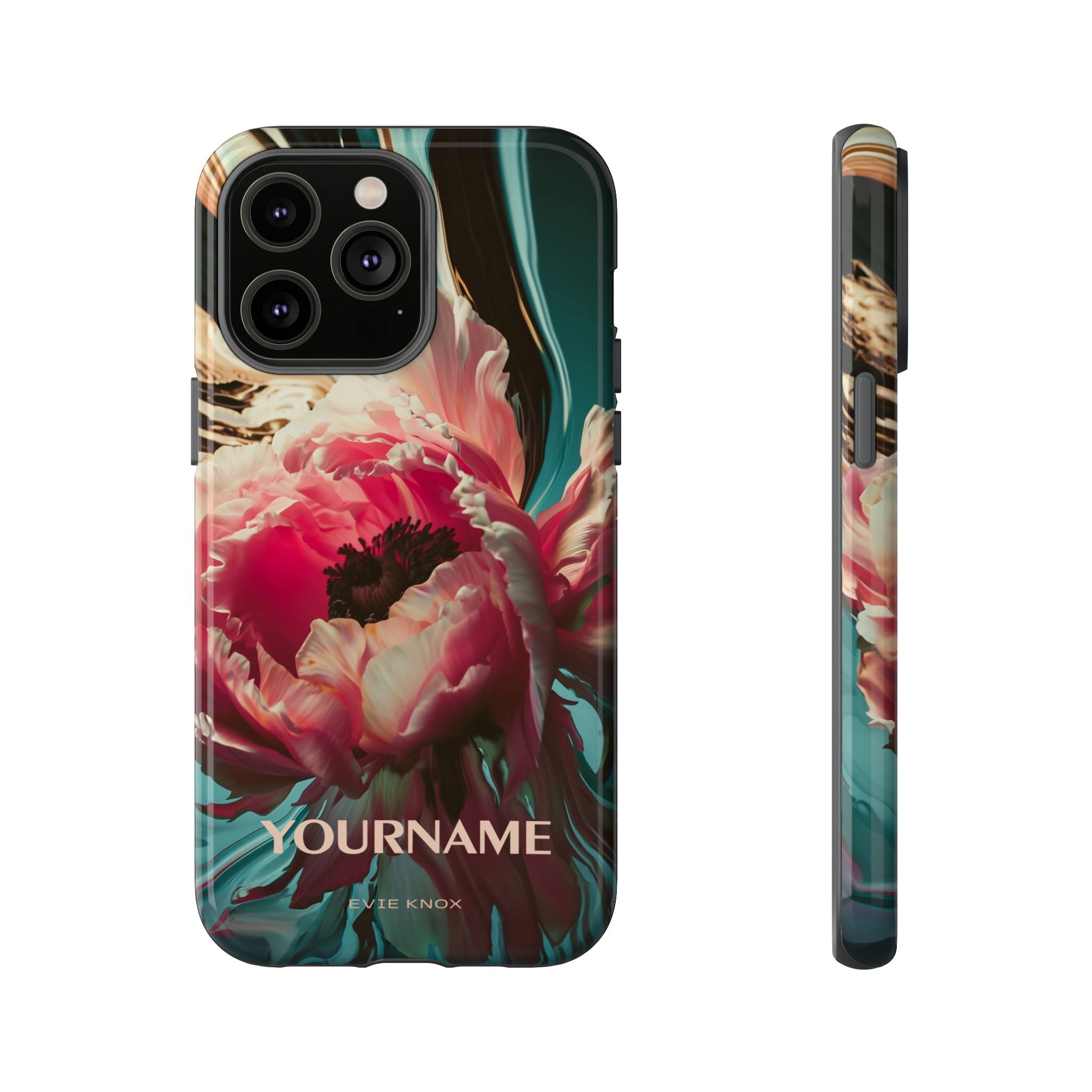 Floral Splash Tough Phone Case — Dark Teal & Pink Peony Design