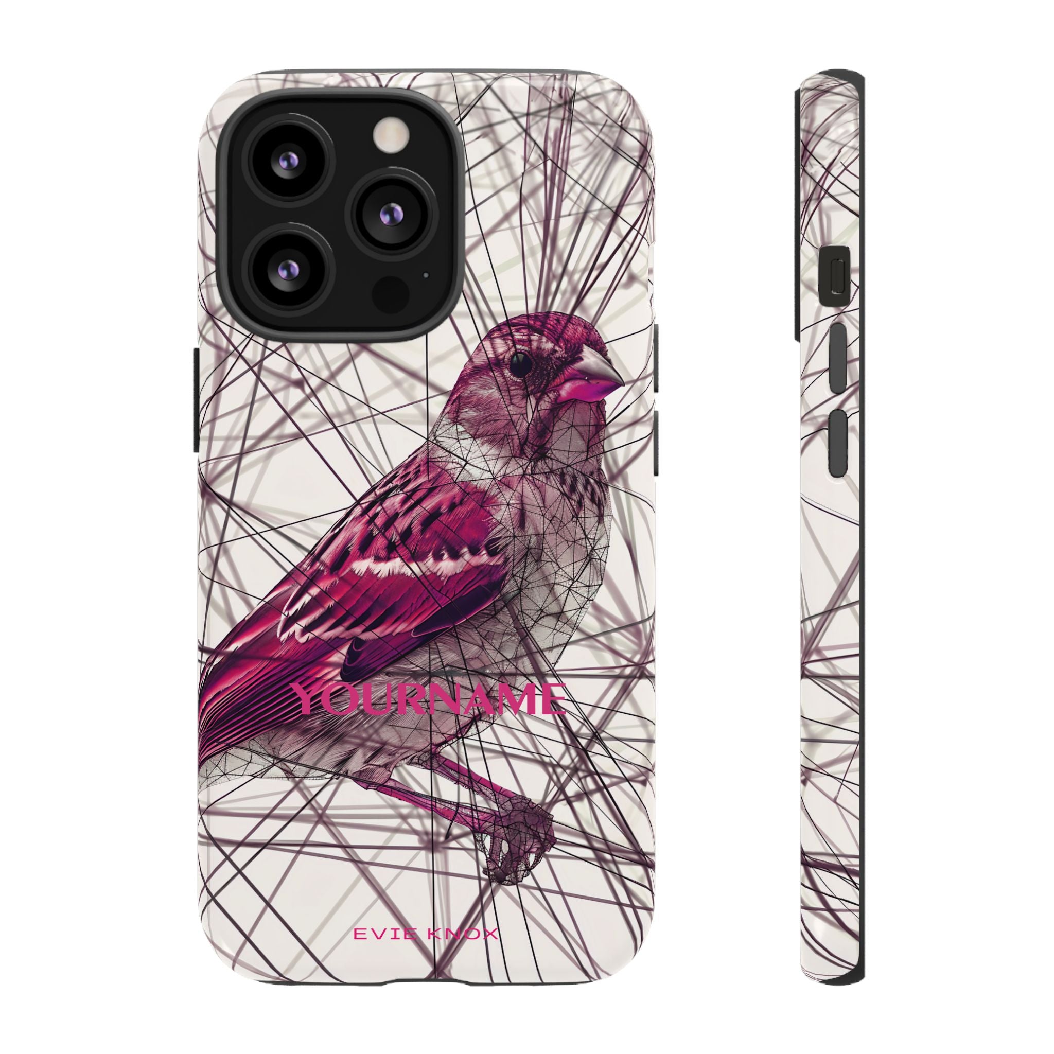 Pink Finch Bird Illustration on Abstract Line Background - Tough Phone Case