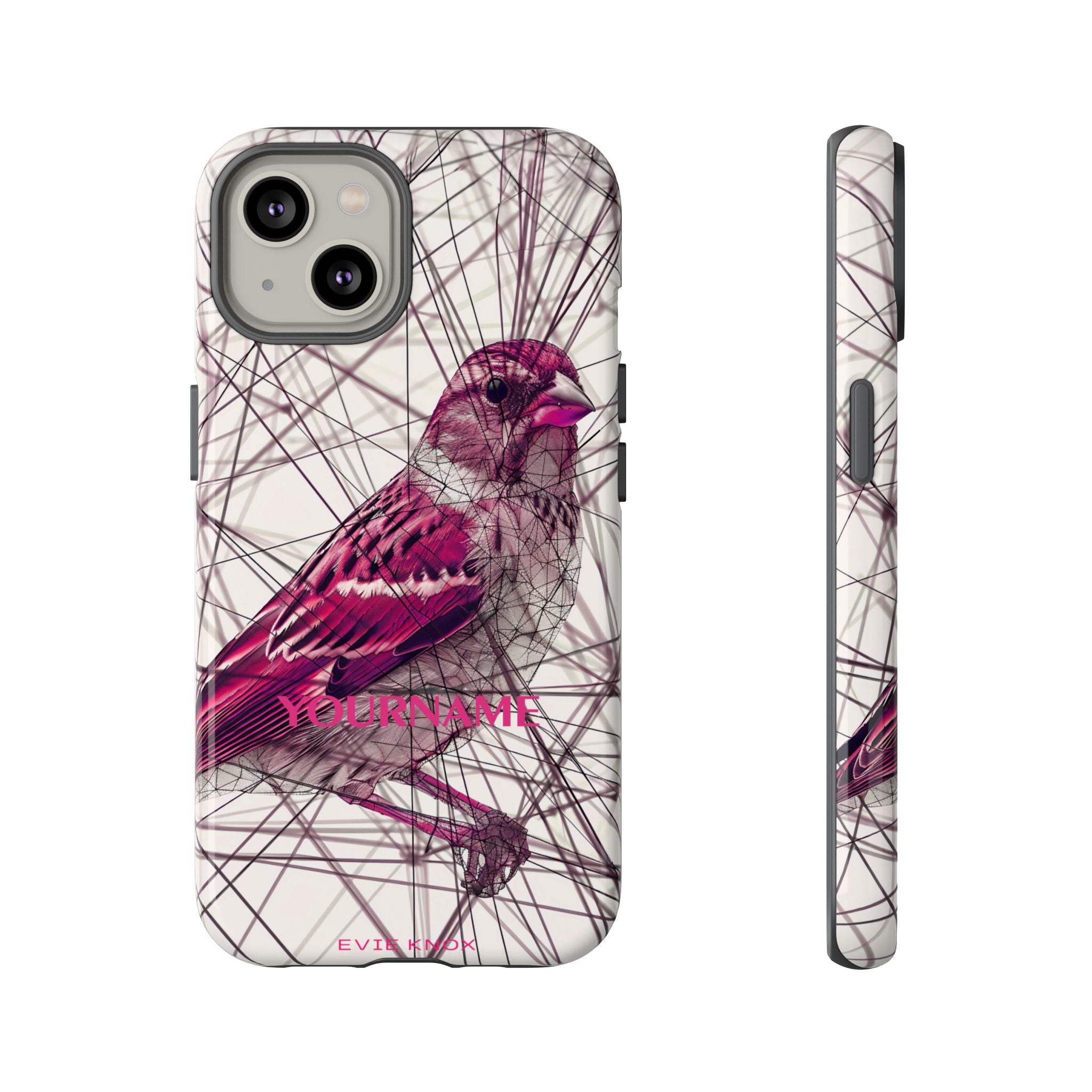 Pink Finch Bird Illustration on Abstract Line Background - Tough Phone Case