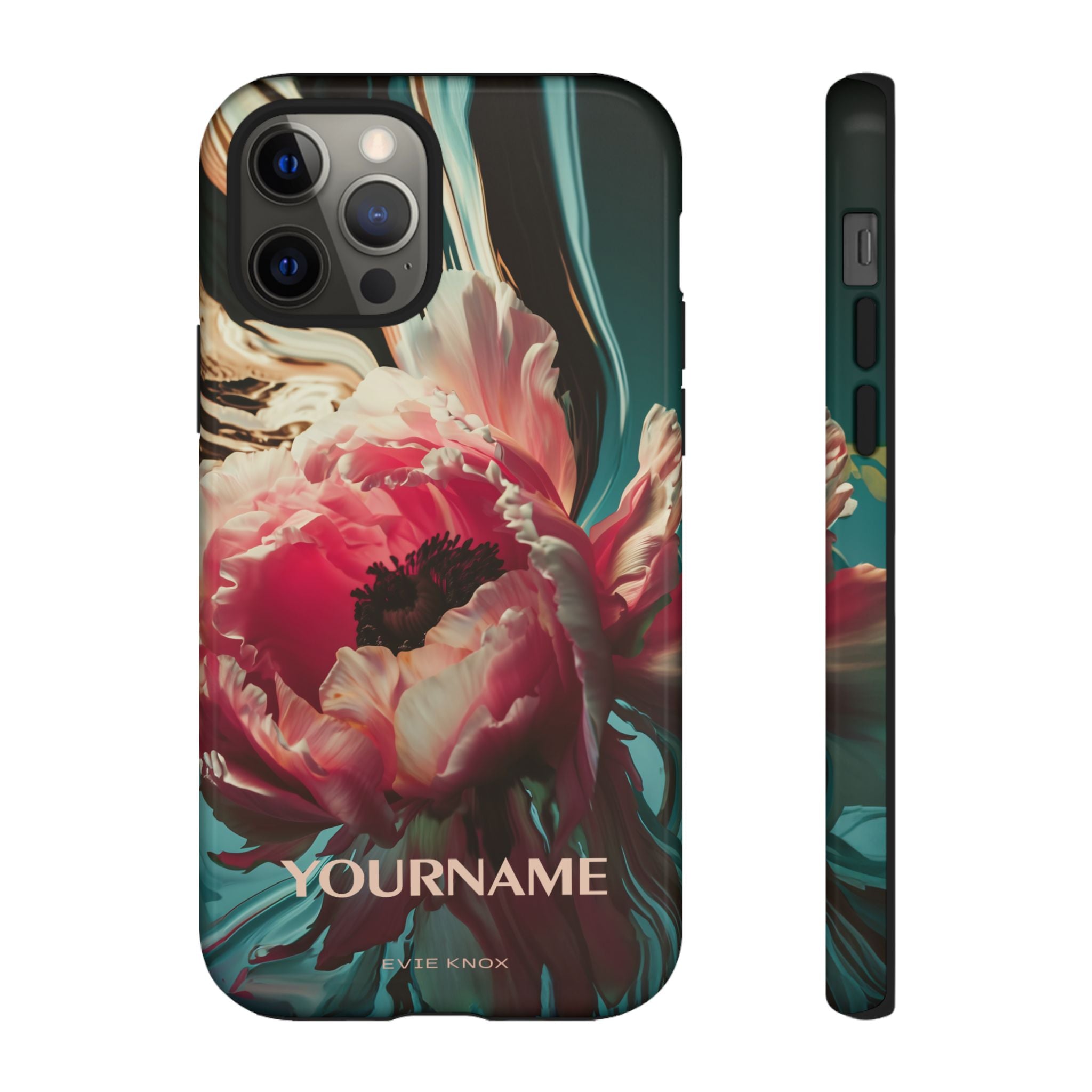 Floral Splash Tough Phone Case — Dark Teal & Pink Peony Design