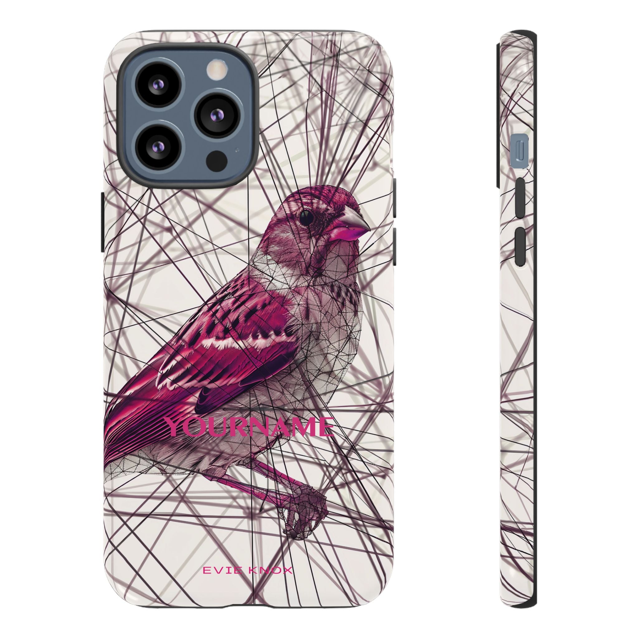 Pink Finch Bird Illustration on Abstract Line Background - Tough Phone Case