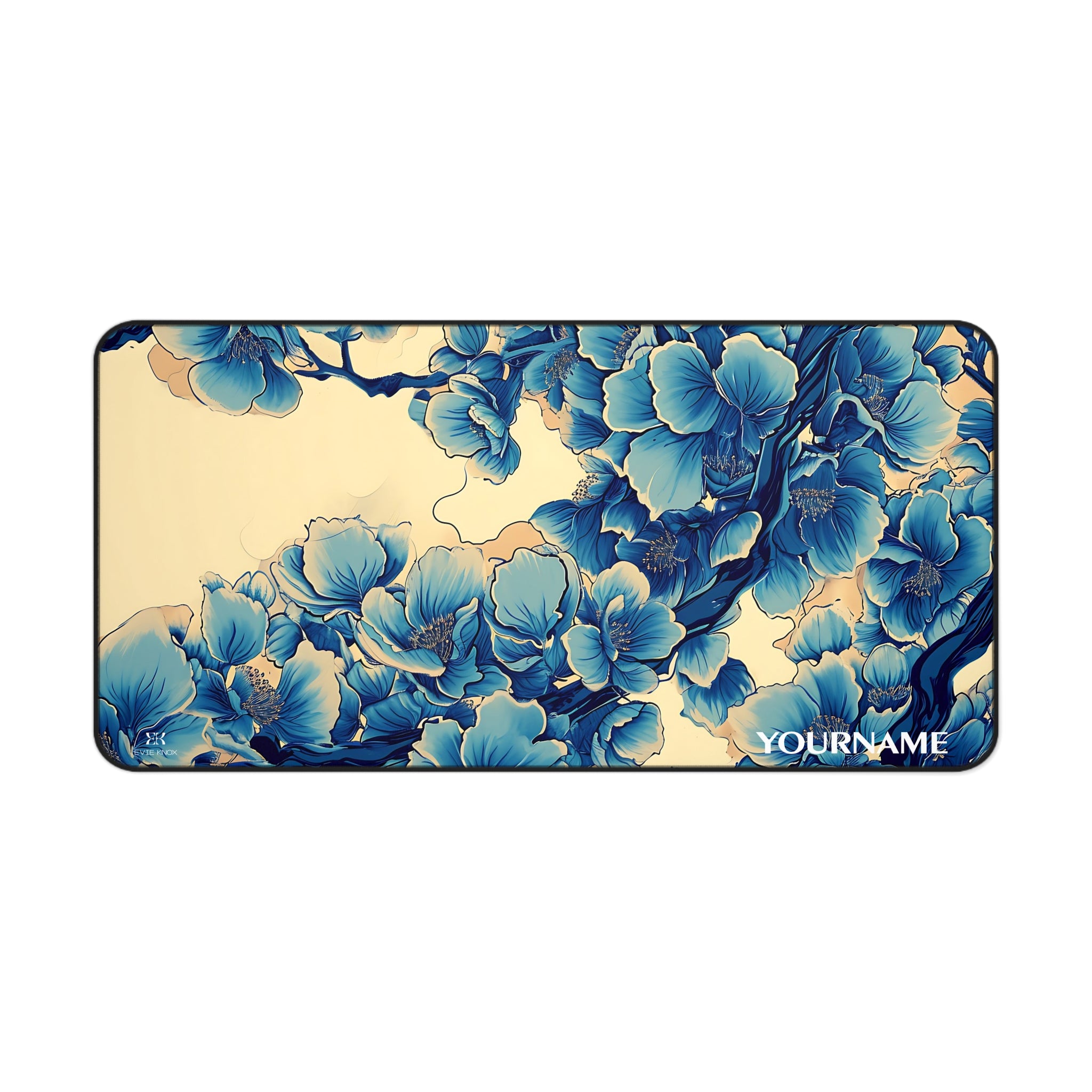 Blue Floral Blossom Desk Mat — Personalizable Japanese Floral Mouse Pad