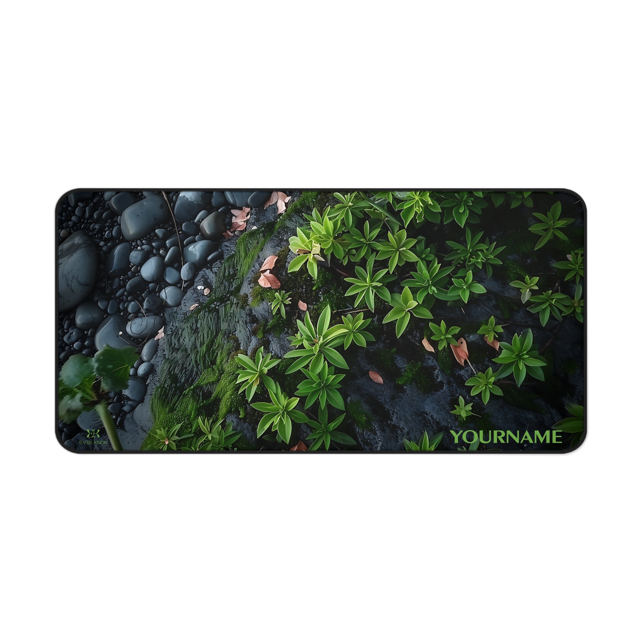 Black Pebbles and Plants Desk Mat — Botanical Zen Mouse Pad