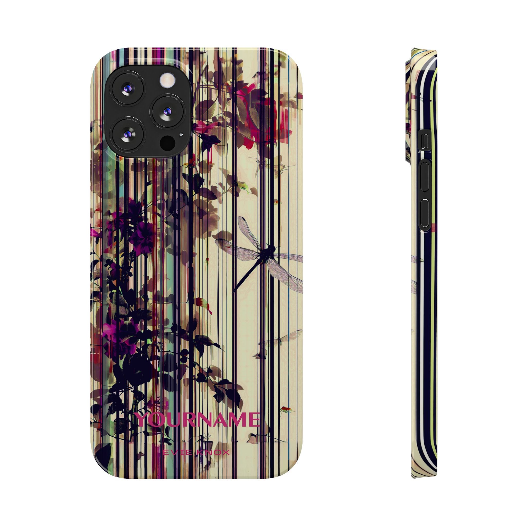Floral Stripes Slim Phone Case — Vintage Botanical Dragonfly Design