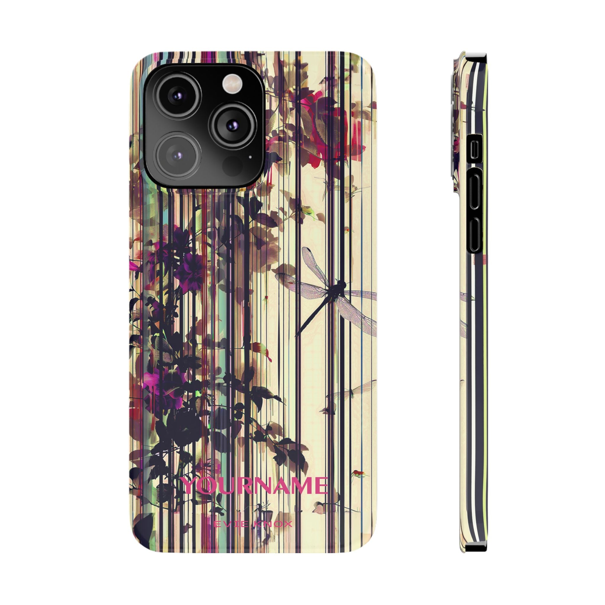 Floral Stripes Slim Phone Case — Vintage Botanical Dragonfly Design