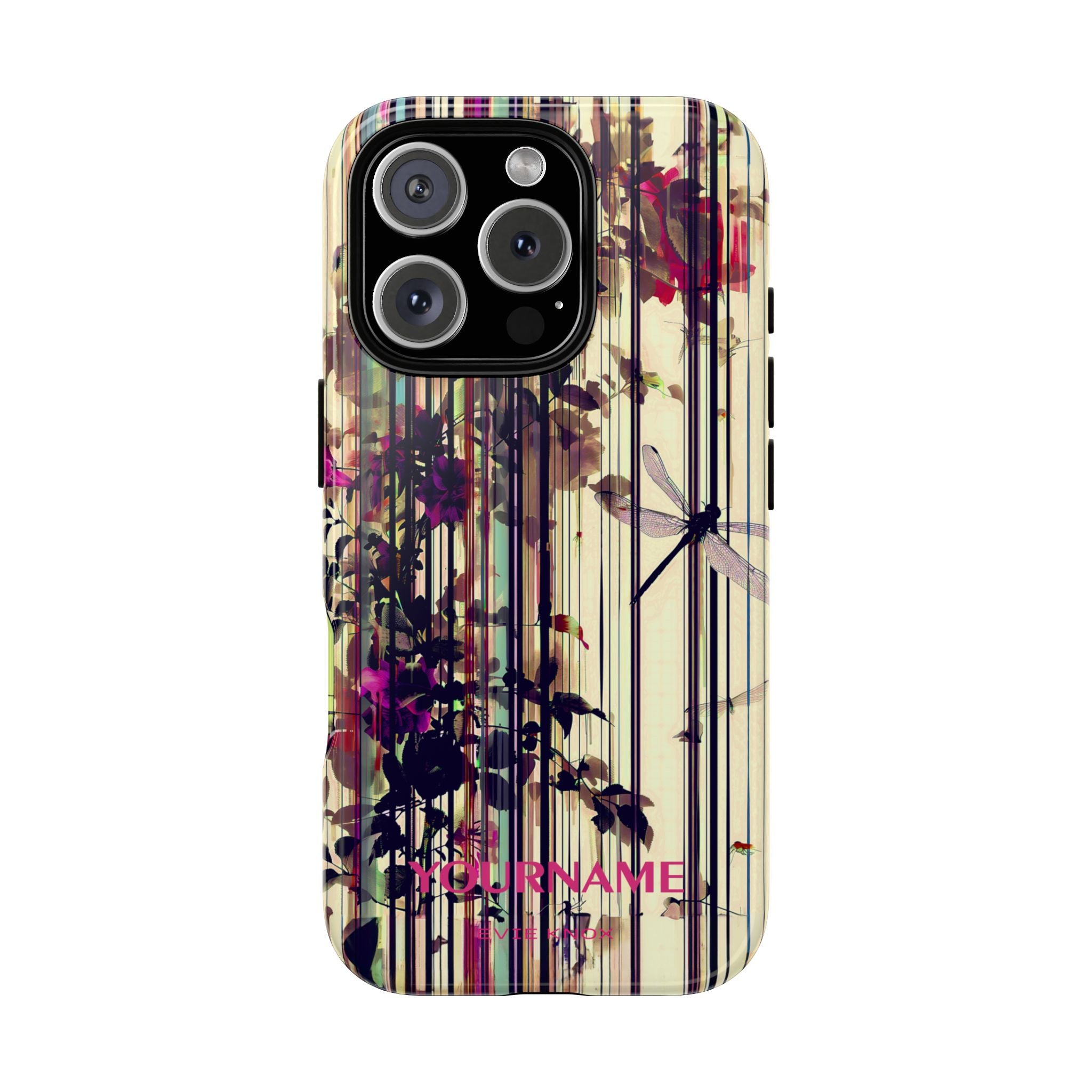 Floral Stripes Tough Phone Case — Vintage Botanical Dragonfly Design
