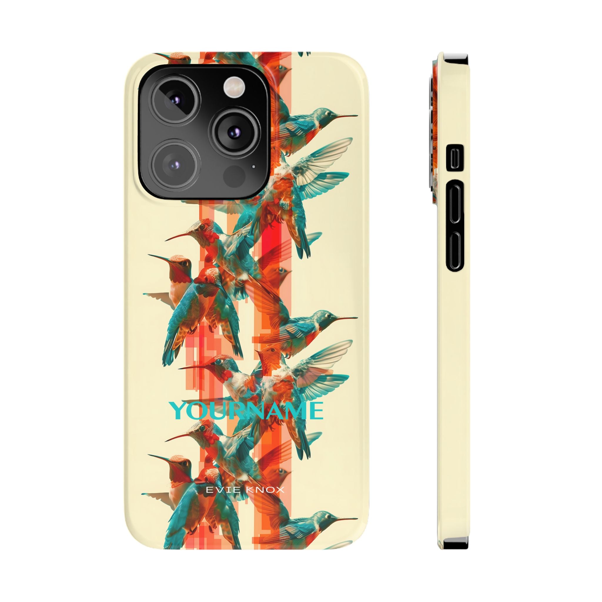 Hummingbird Stripe Slim Phone Case — Retro Teal & Coral Protective Cover