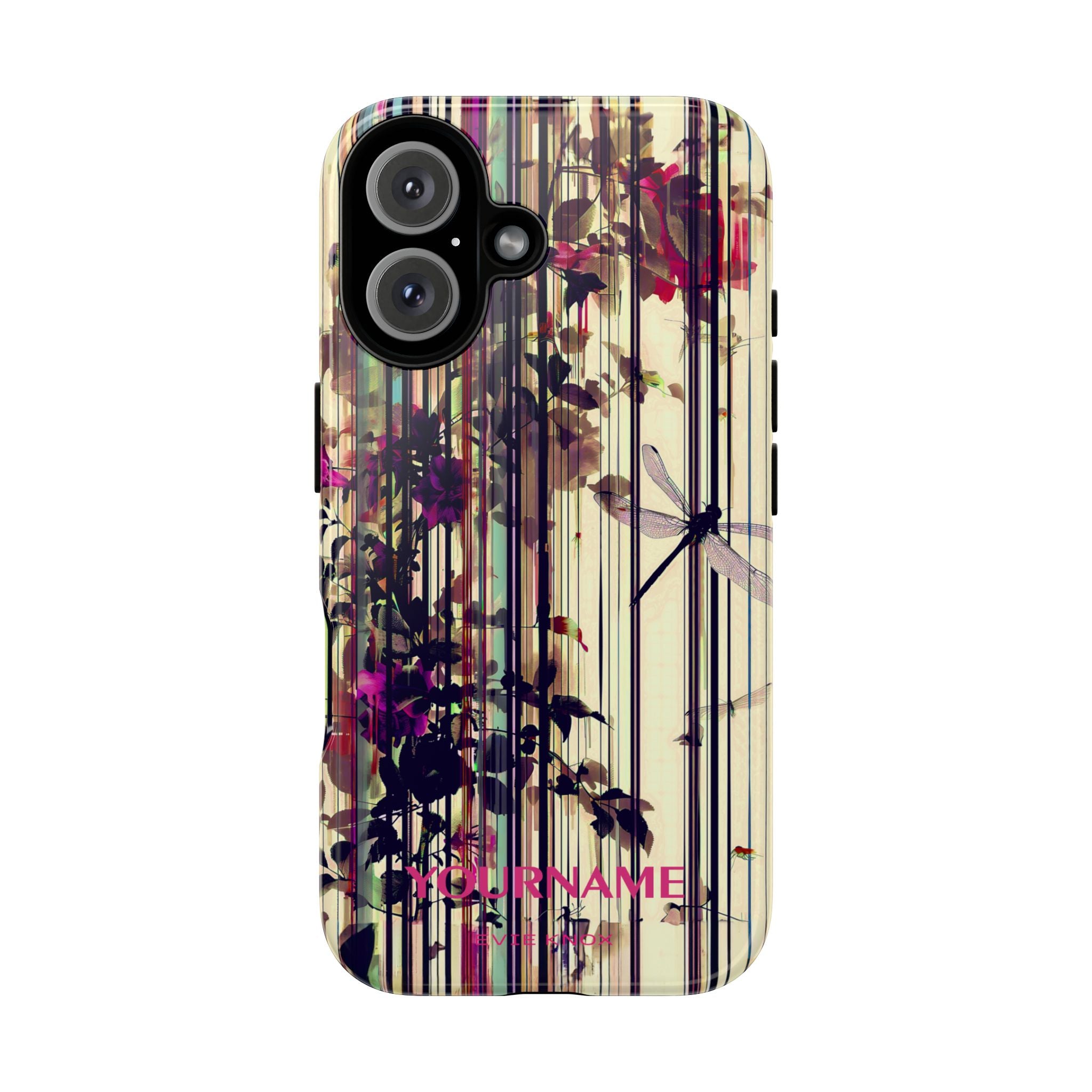 Floral Stripes Tough Phone Case — Vintage Botanical Dragonfly Design
