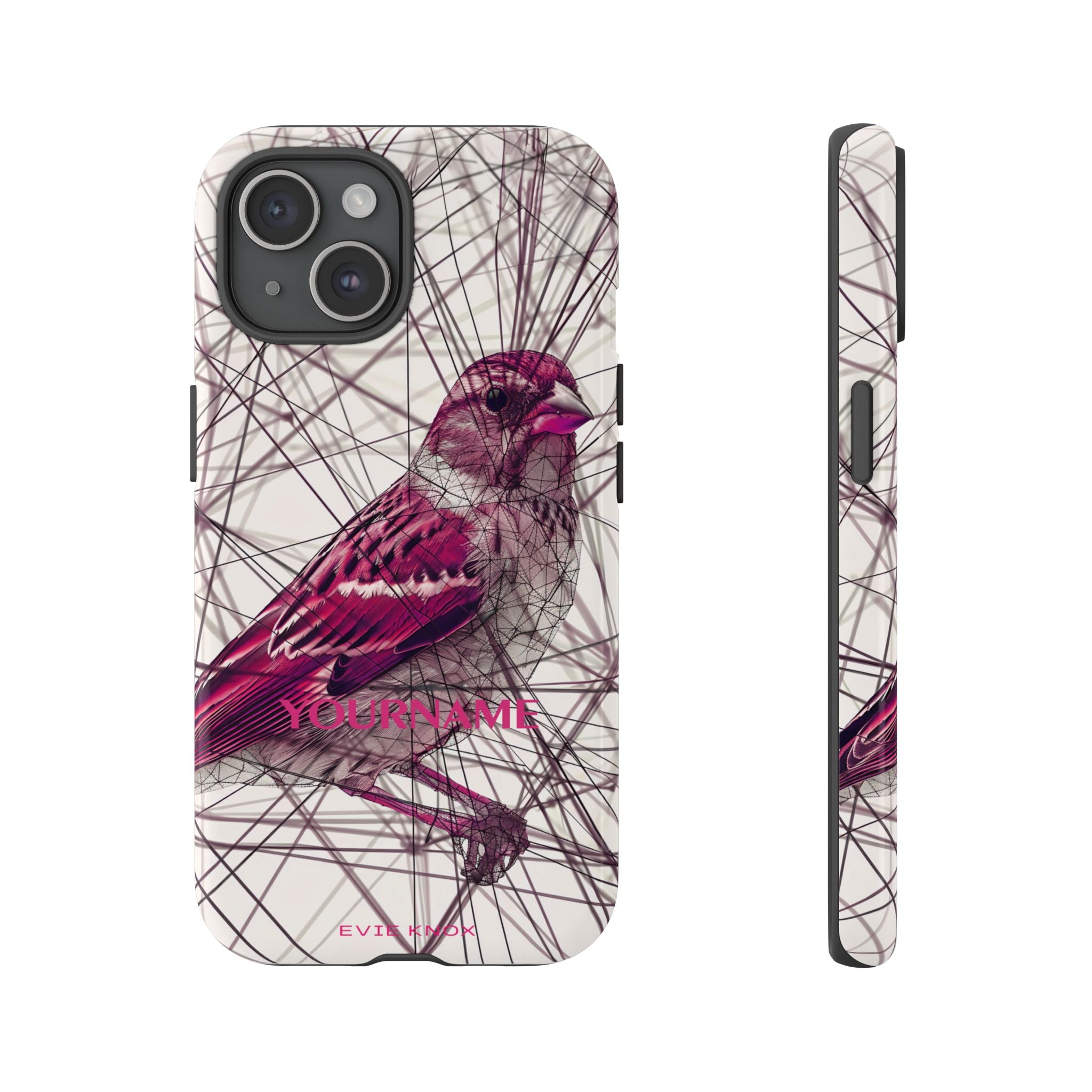 Pink Finch Bird Illustration on Abstract Line Background - Tough Phone Case