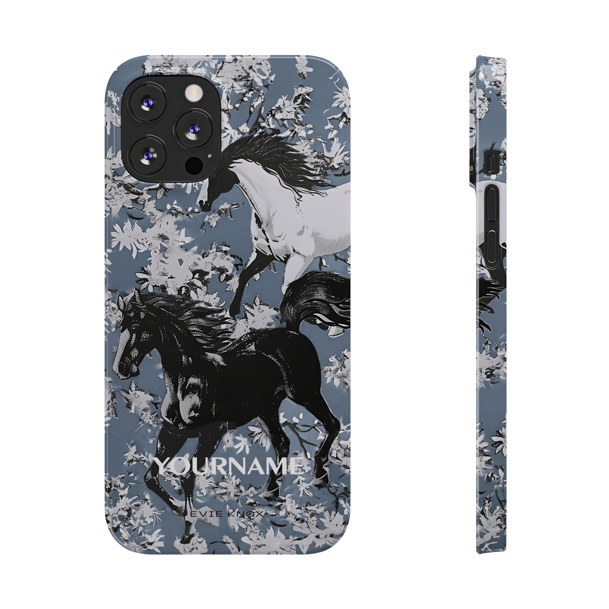 Horses on Dusty Blue Floral Pattern Slim Phone Case - Personalizable iPhone Case
