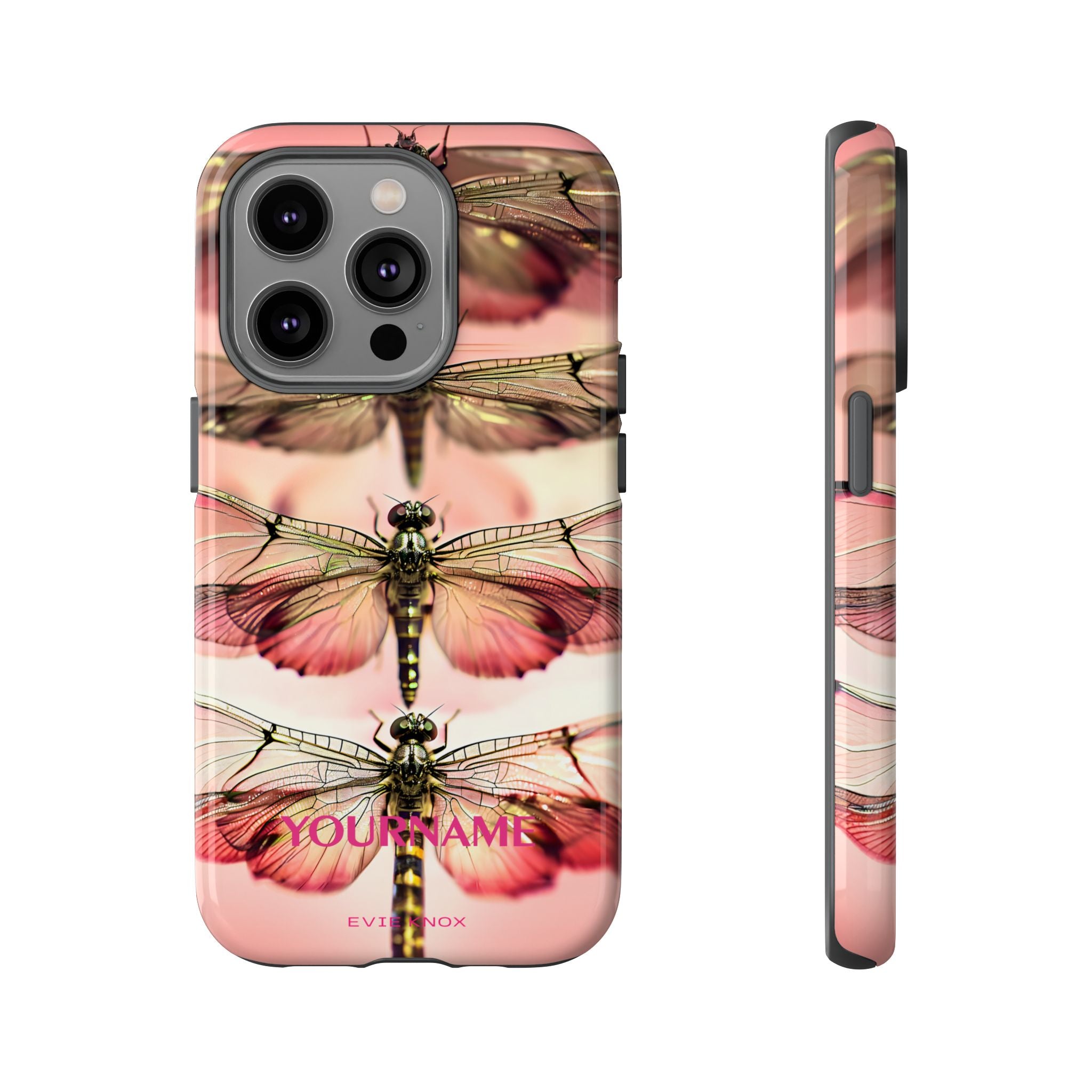 Dragonfly Array Tough Phone Case — Pink Floral Insect Art Protective Cover