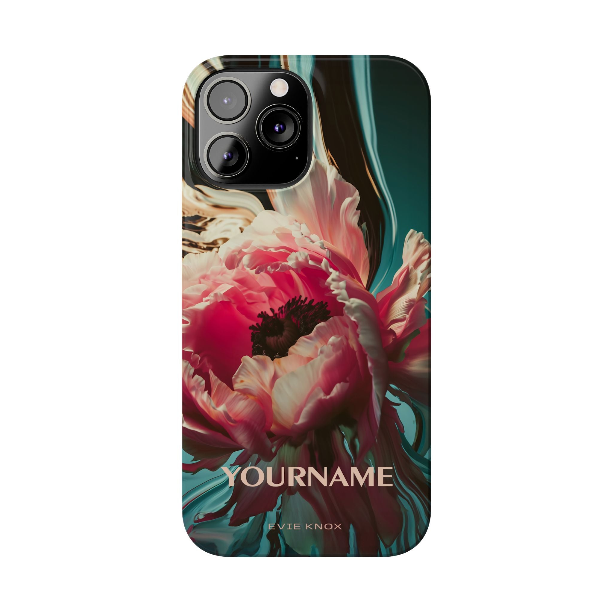 Floral Splash Slim Phone Case — Dark Teal & Pink Peony Design