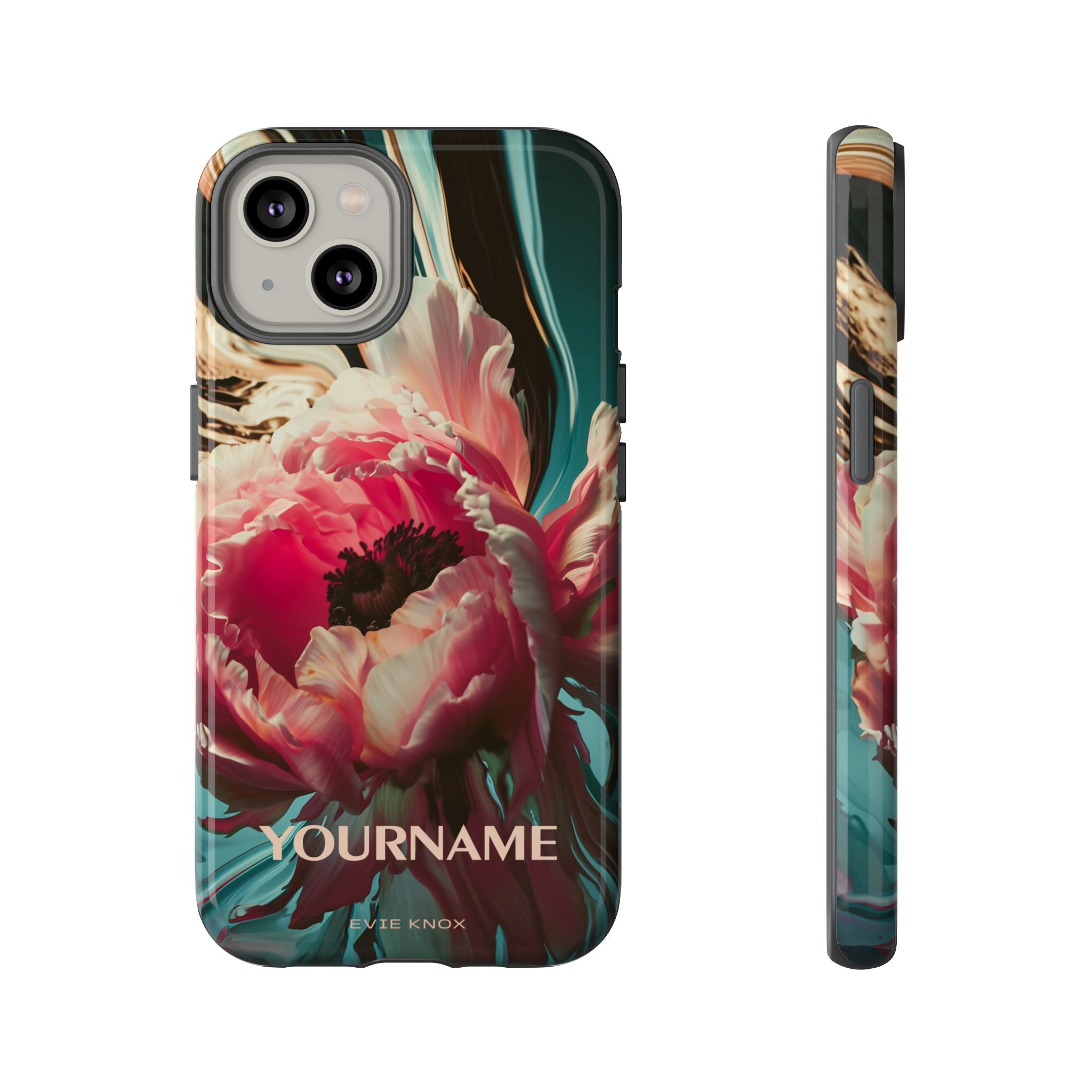 Floral Splash Tough Phone Case — Dark Teal & Pink Peony Design
