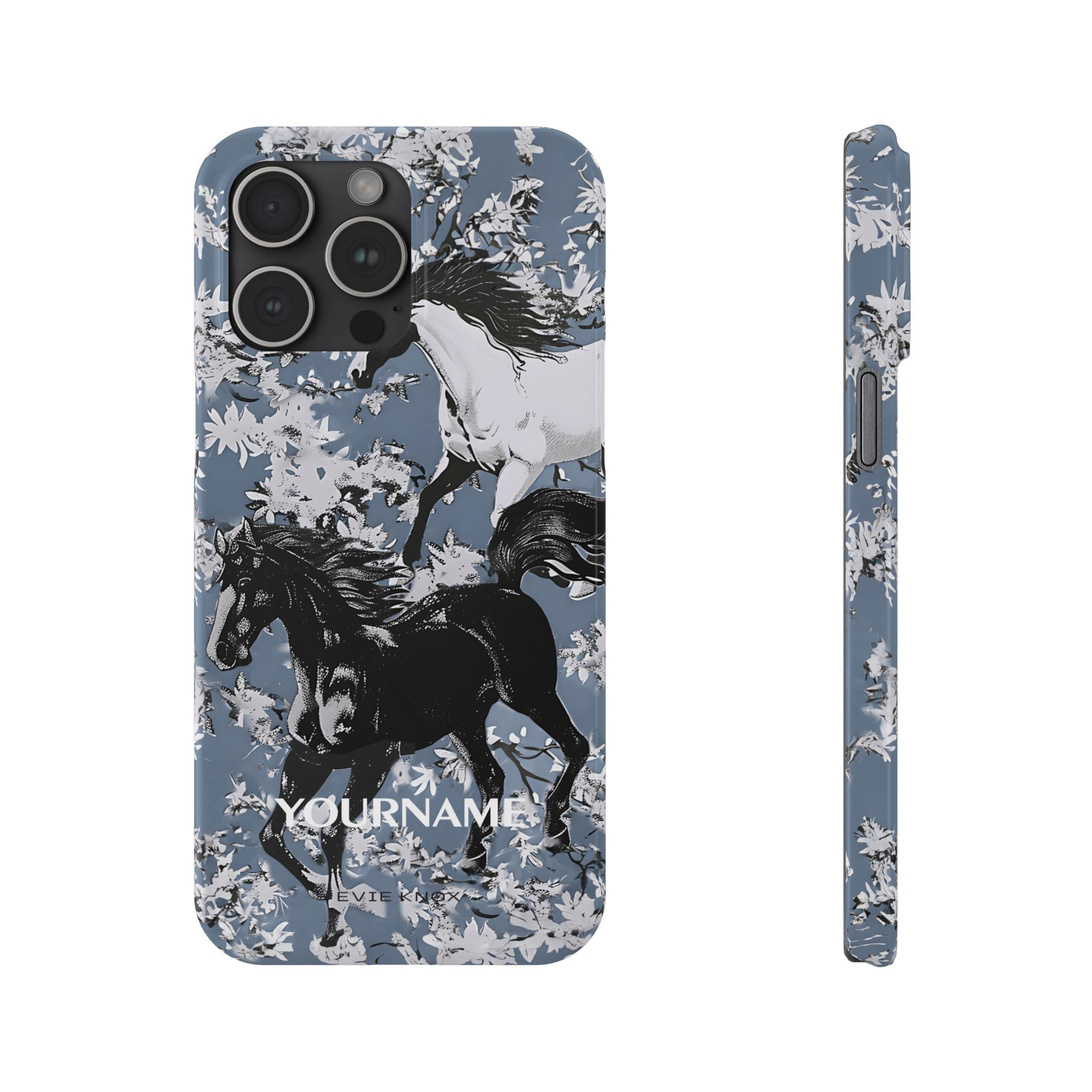 Horses on Dusty Blue Floral Pattern Slim Phone Case - Personalizable iPhone Case