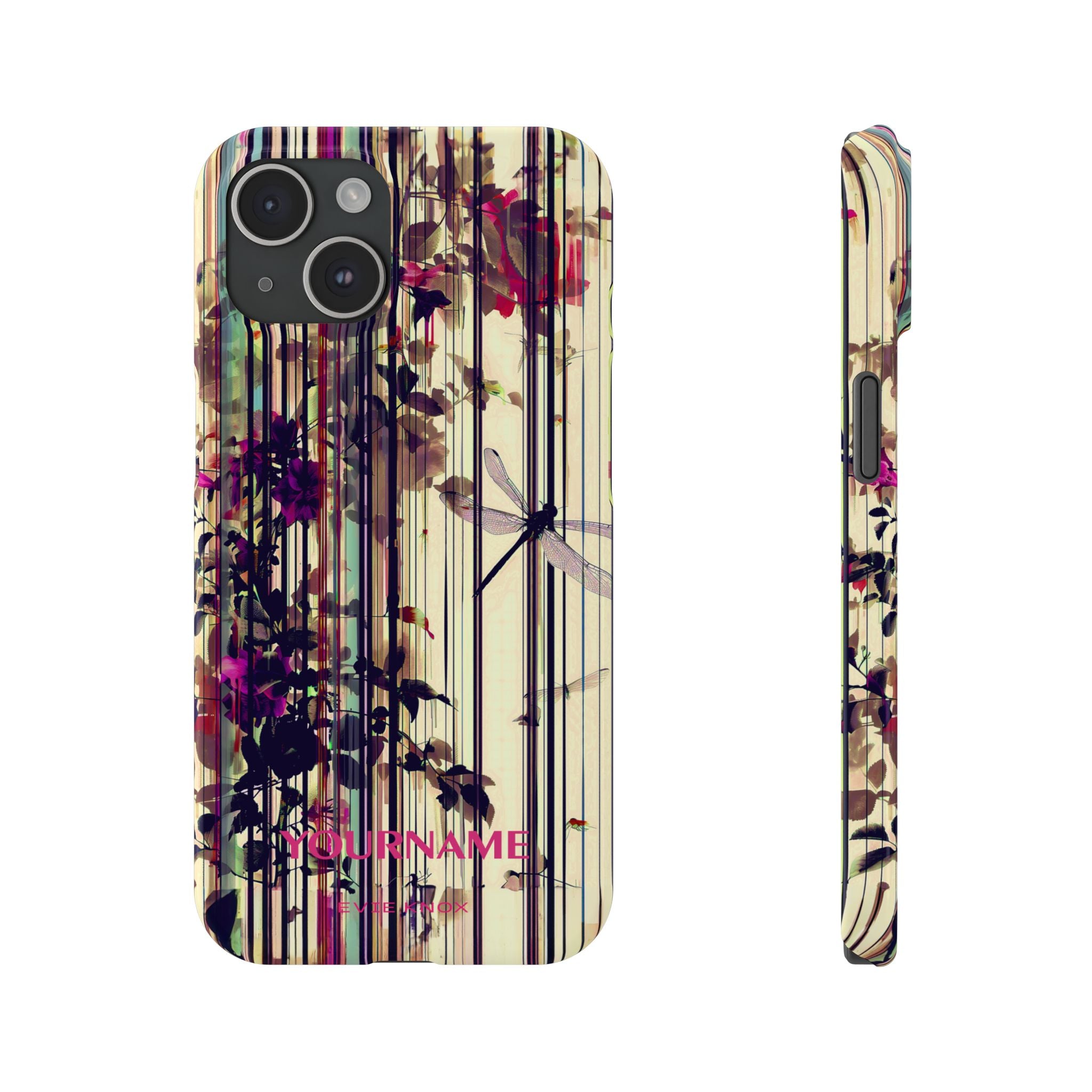 Floral Stripes Slim Phone Case — Vintage Botanical Dragonfly Design