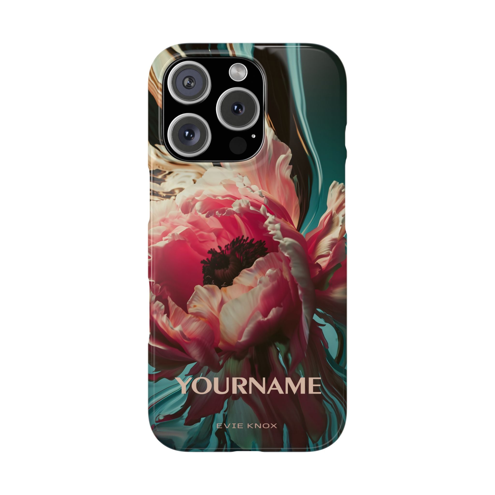 Floral Splash Slim Phone Case — Dark Teal & Pink Peony Design