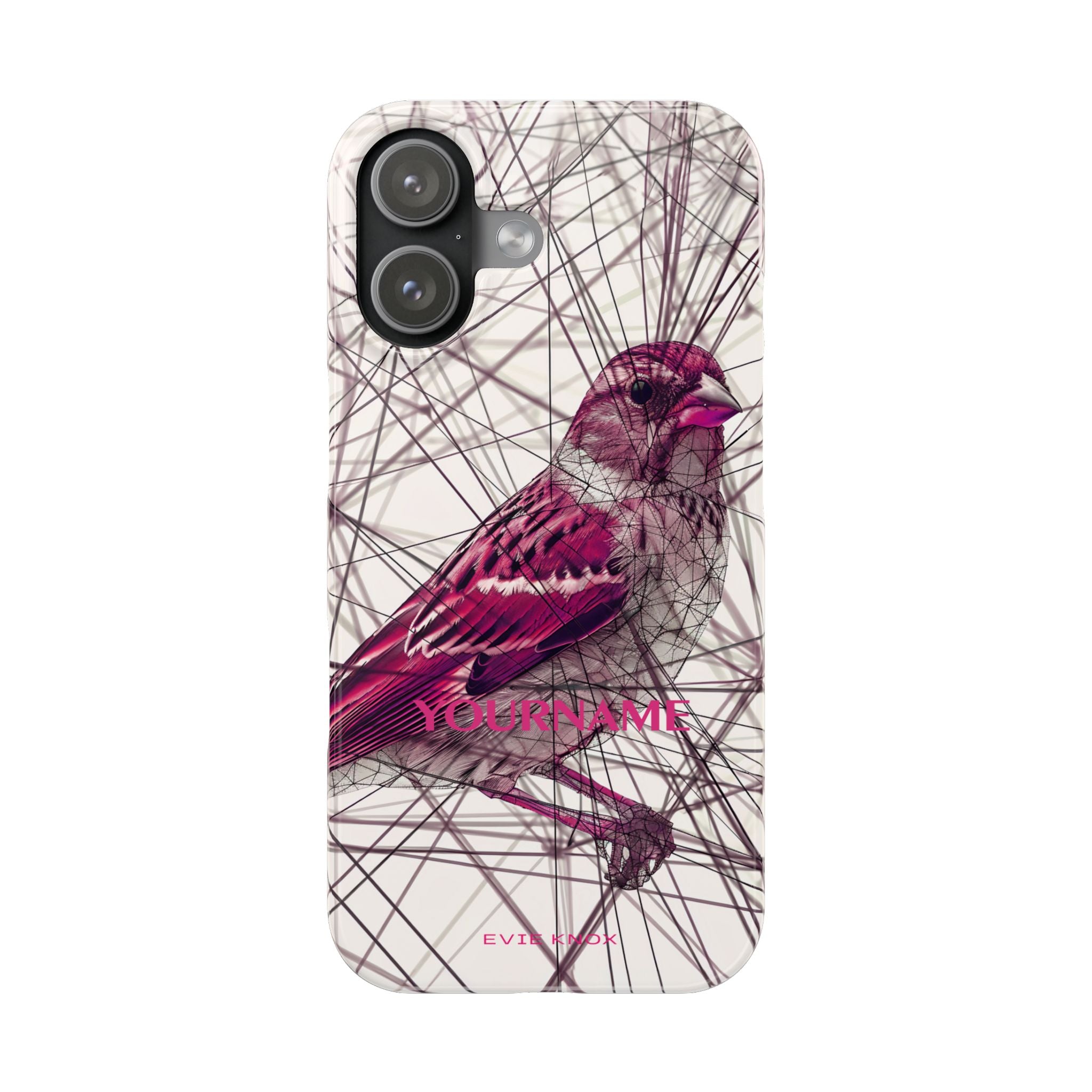 Pink Finch Bird Illustration on Abstract Line Background - Slim Phone Case