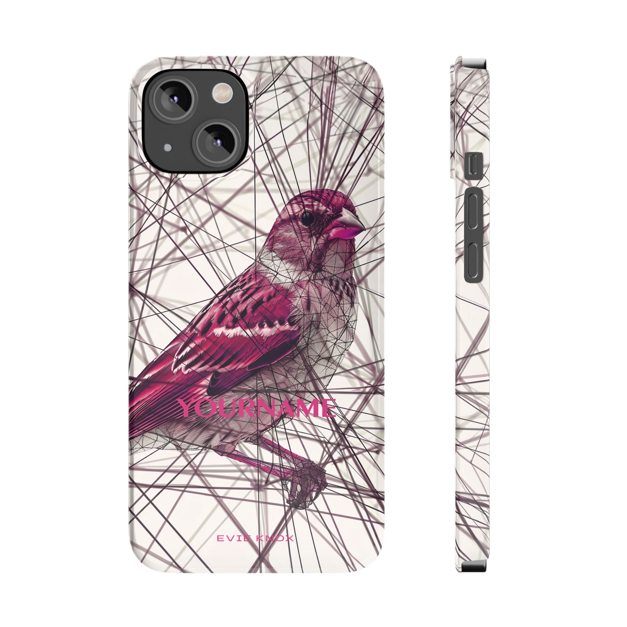 Pink Finch Bird Illustration on Abstract Line Background - Slim Phone Case