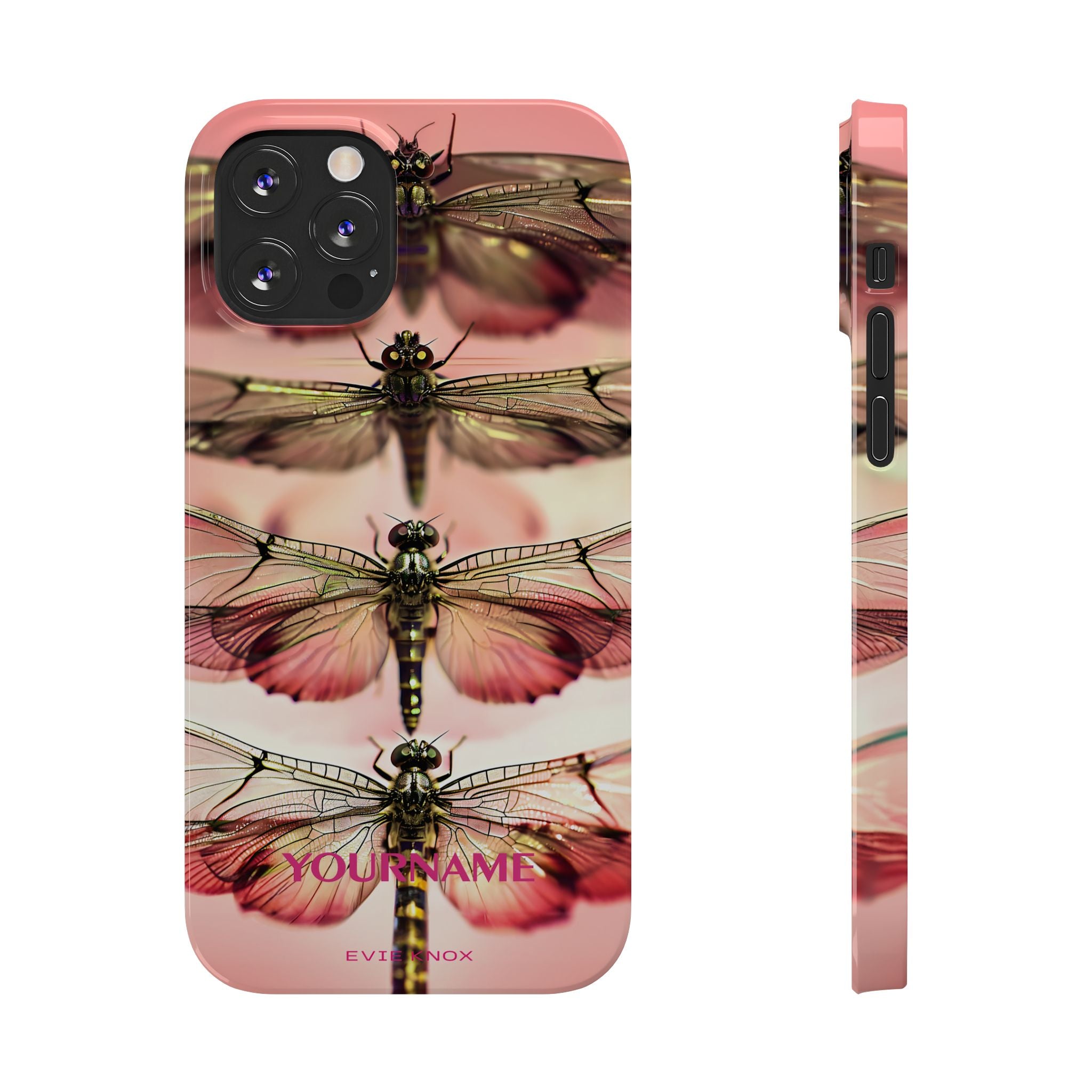 Dragonfly Array Slim Phone Case — Pink Floral Insect Art Protective Cover