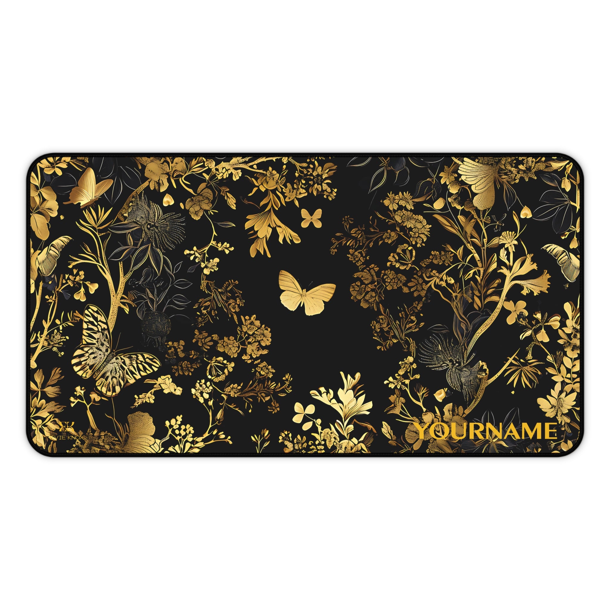 Gold Butterfly Floral Desk Mat — Personalized Elegant Mouse Pad