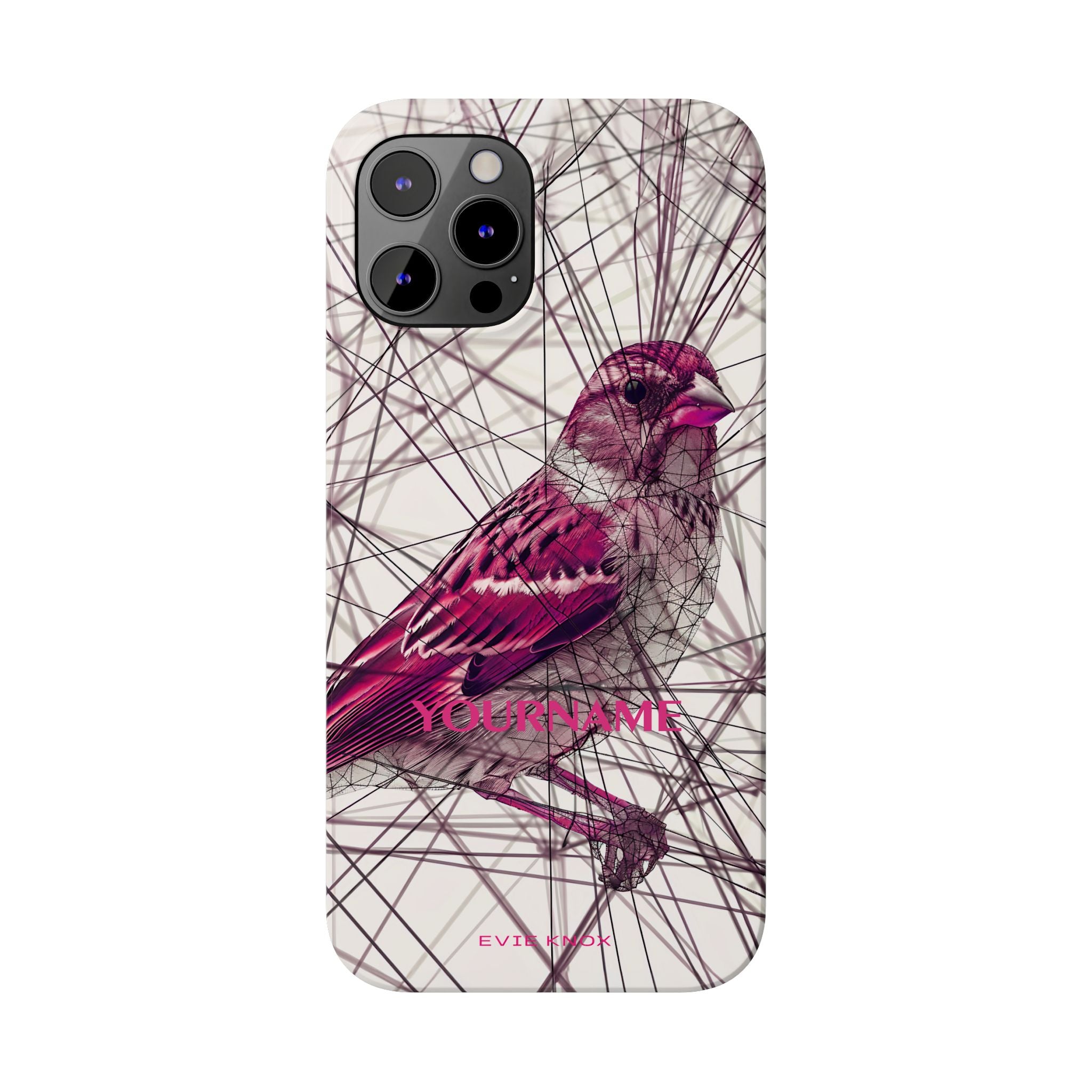 Pink Finch Bird Illustration on Abstract Line Background - Slim Phone Case
