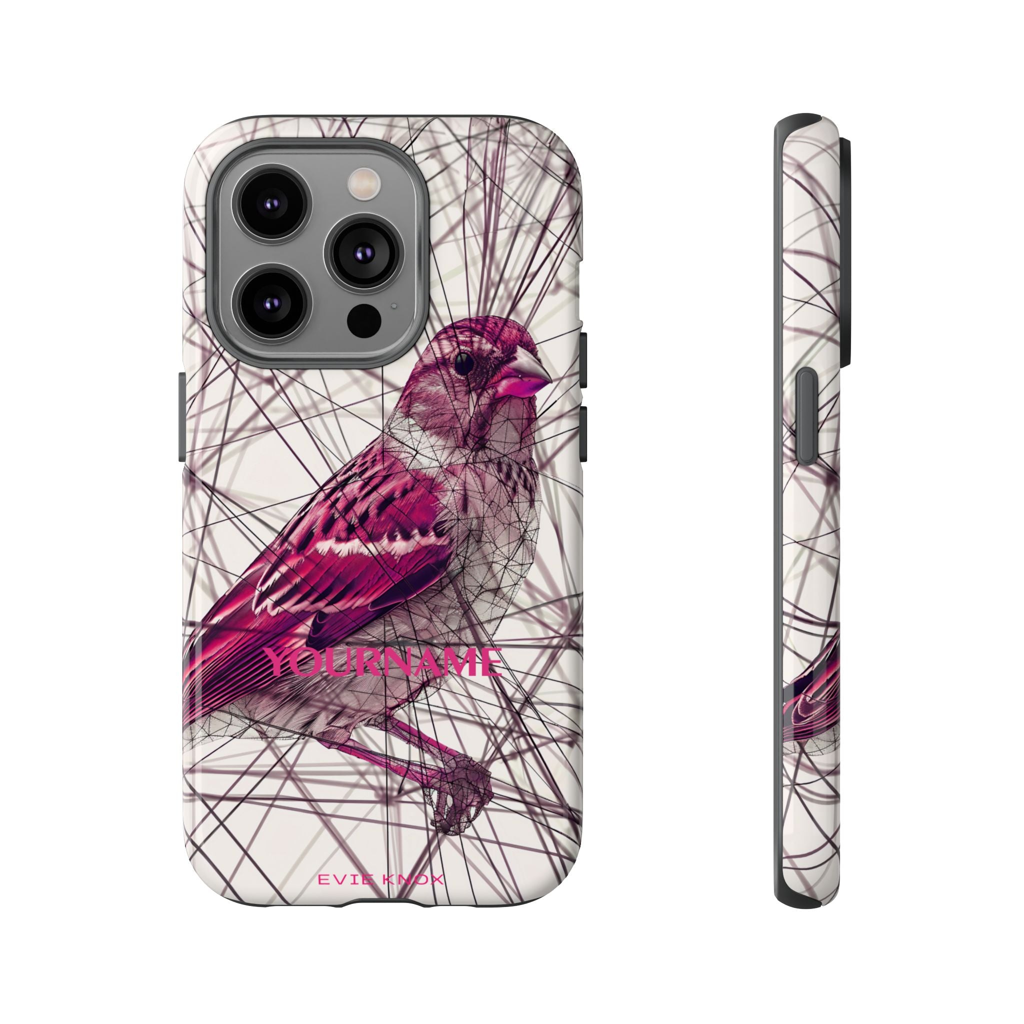 Pink Finch Bird Illustration on Abstract Line Background - Tough Phone Case