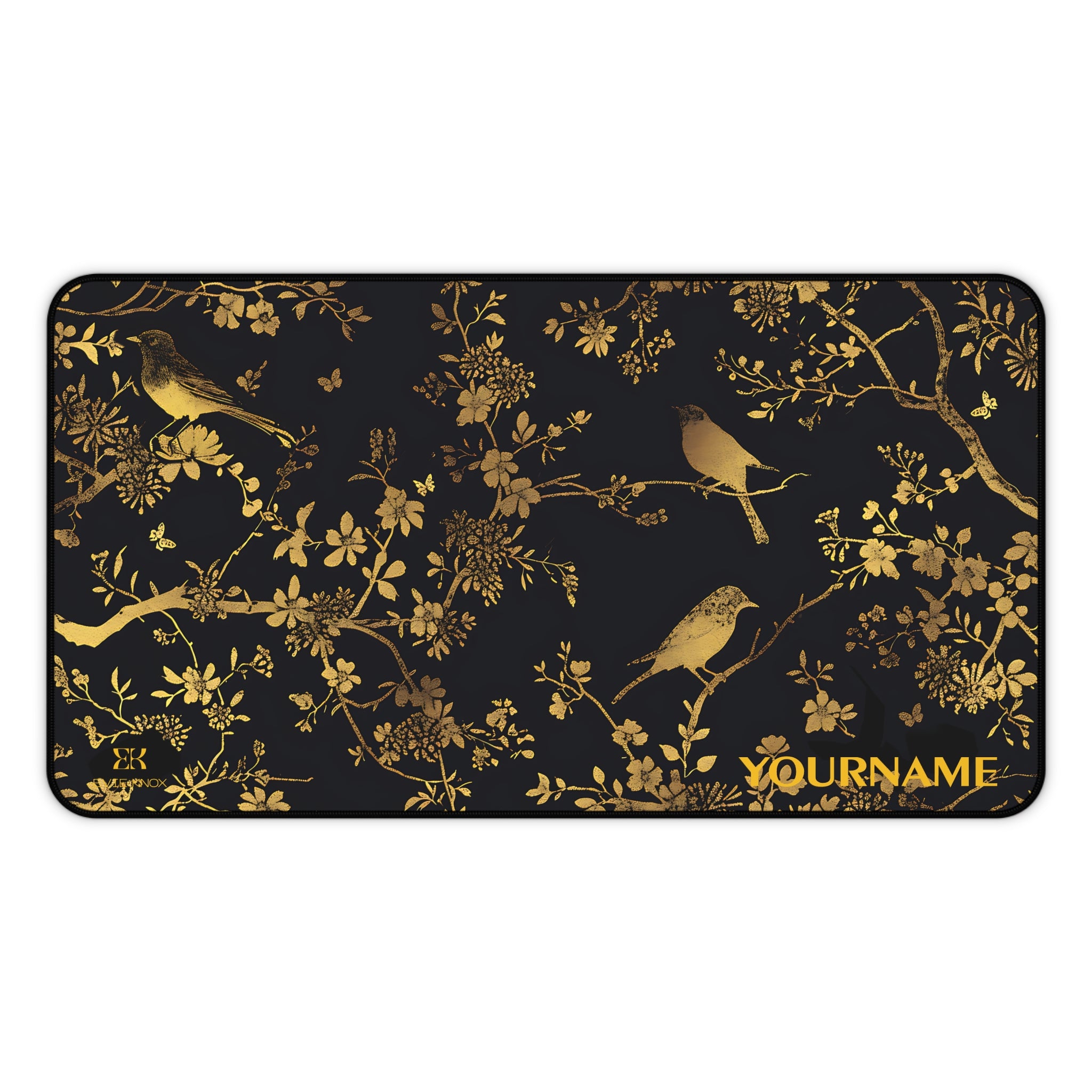 Gold Bird Floral Desk Mat — Elegant Black & Gold Mouse Pad
