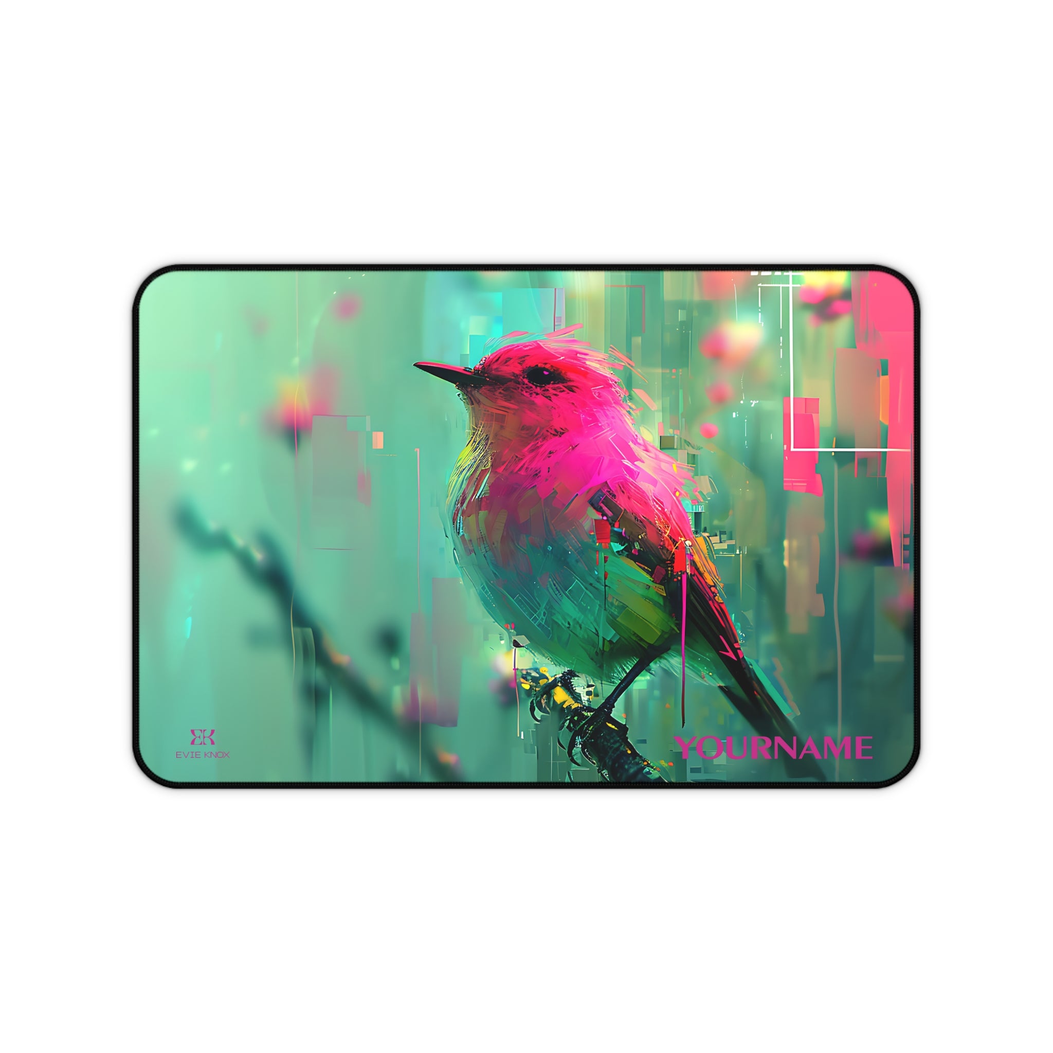 Vibrant Song Bird Desk Mat – Neon Pink & Teal Mouse Pad