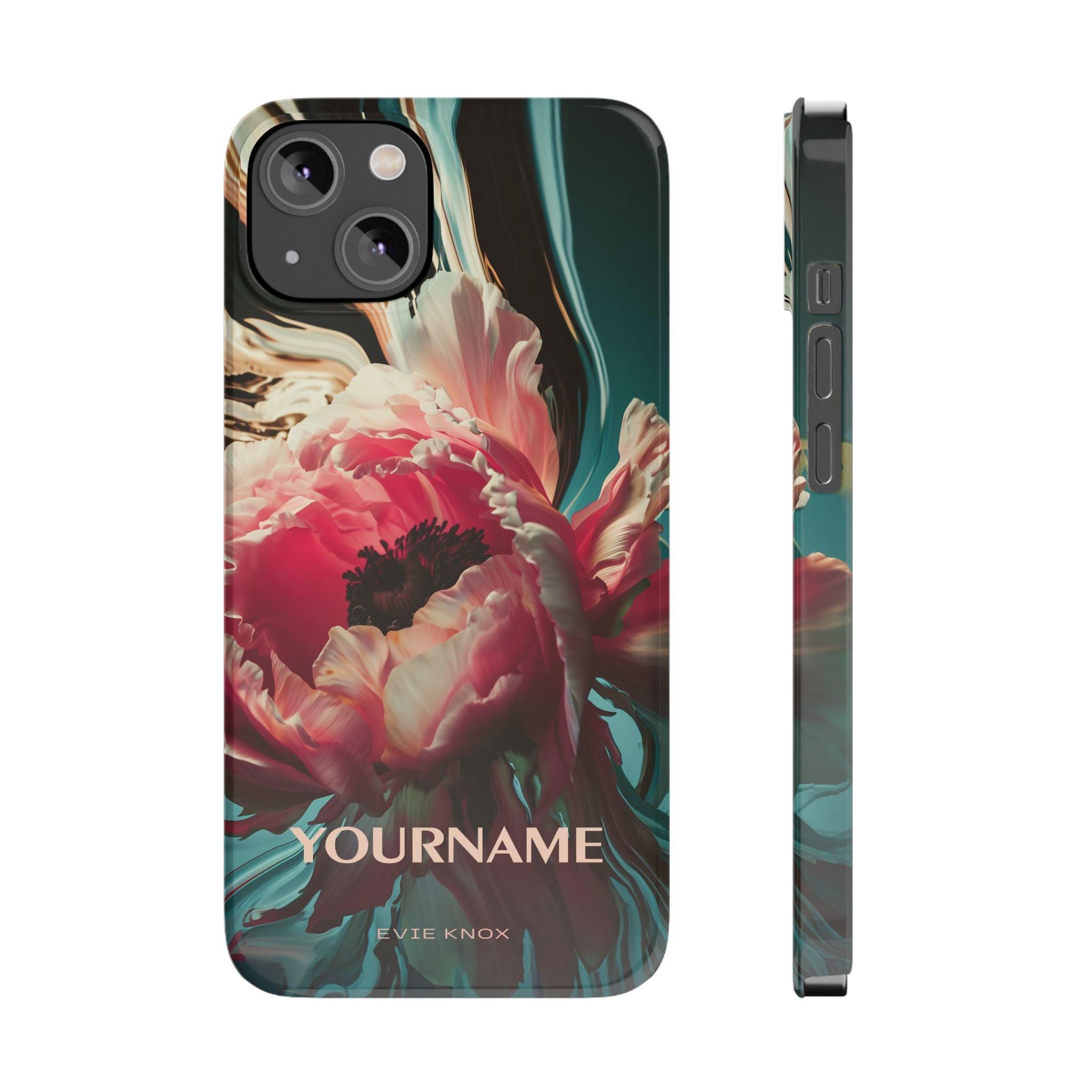 Floral Splash Slim Phone Case — Dark Teal & Pink Peony Design