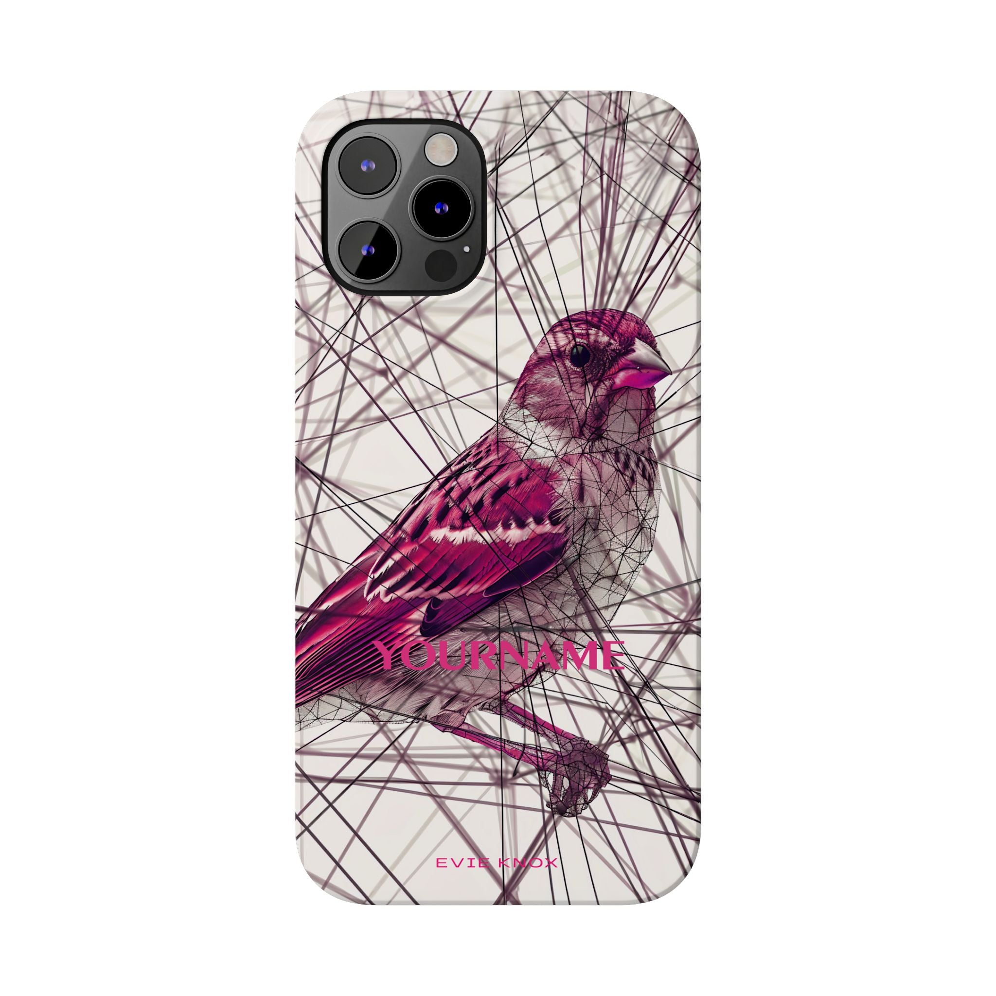 Pink Finch Bird Illustration on Abstract Line Background - Slim Phone Case