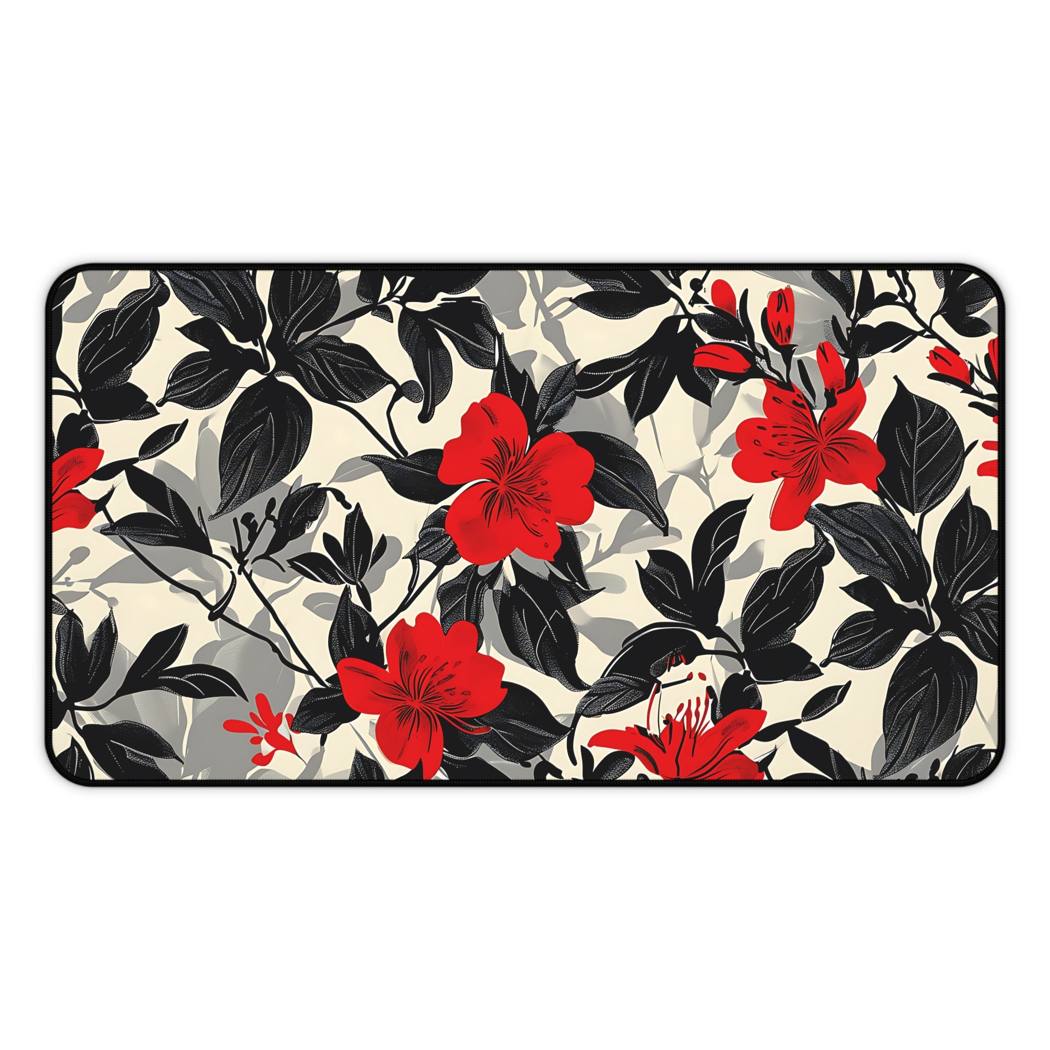 Floral Red Hibiscus Desk Mat — Oversized Office Mousepad with Black & Cream Botanical Print