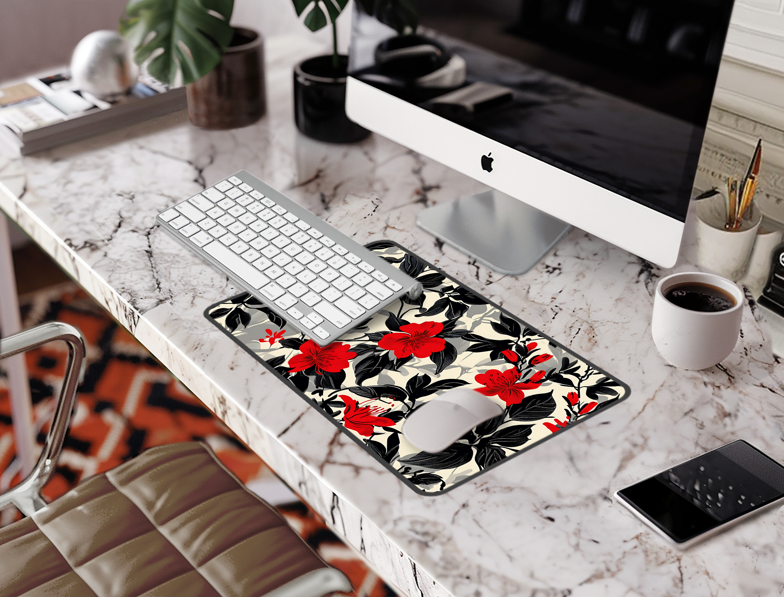 Floral Red Hibiscus Desk Mat — Oversized Office Mousepad with Black & Cream Botanical Print