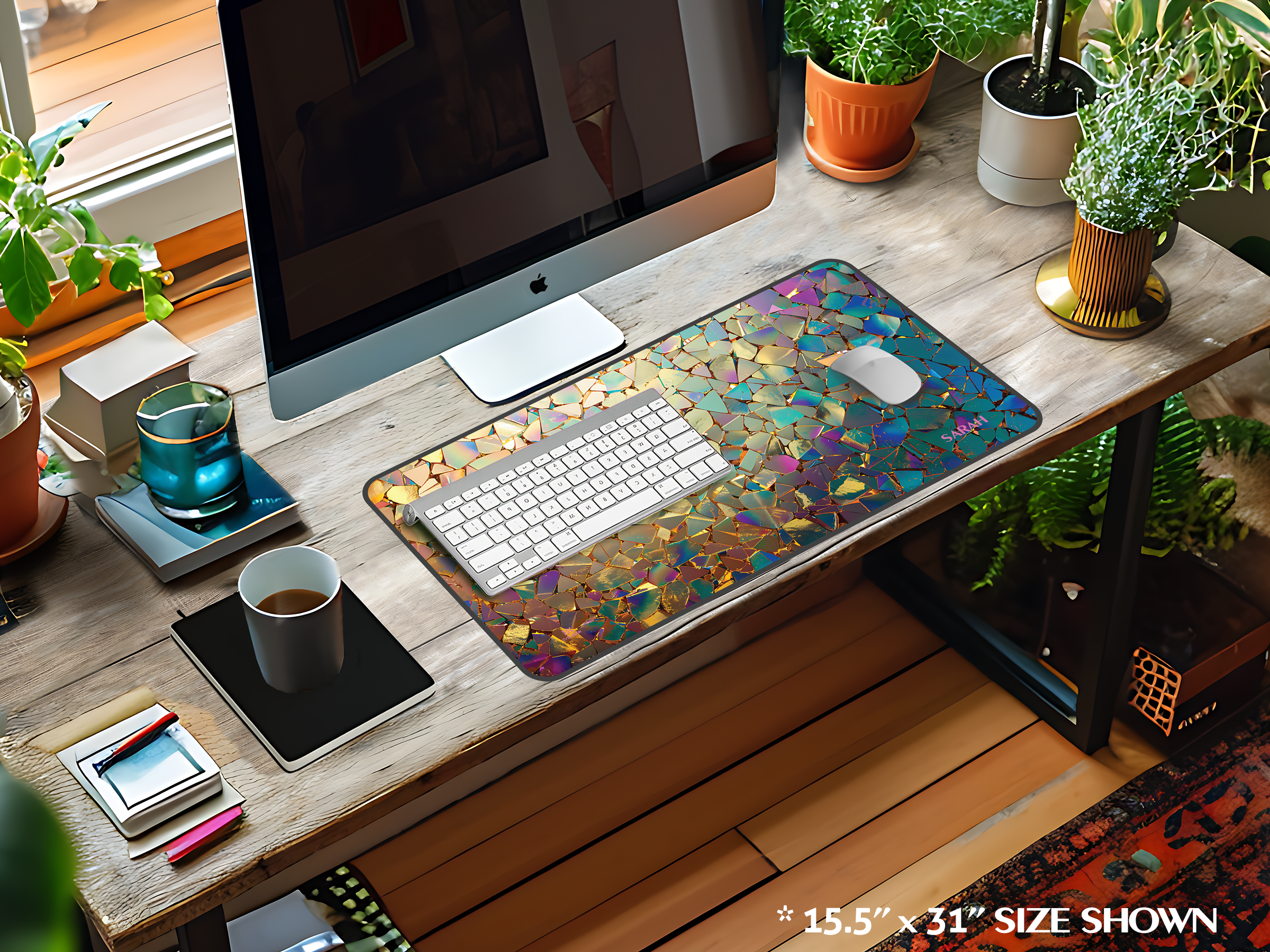 Iridescent Platinum Mosaic Desk Mat — Personalized Glitter Tile Mouse Pad_