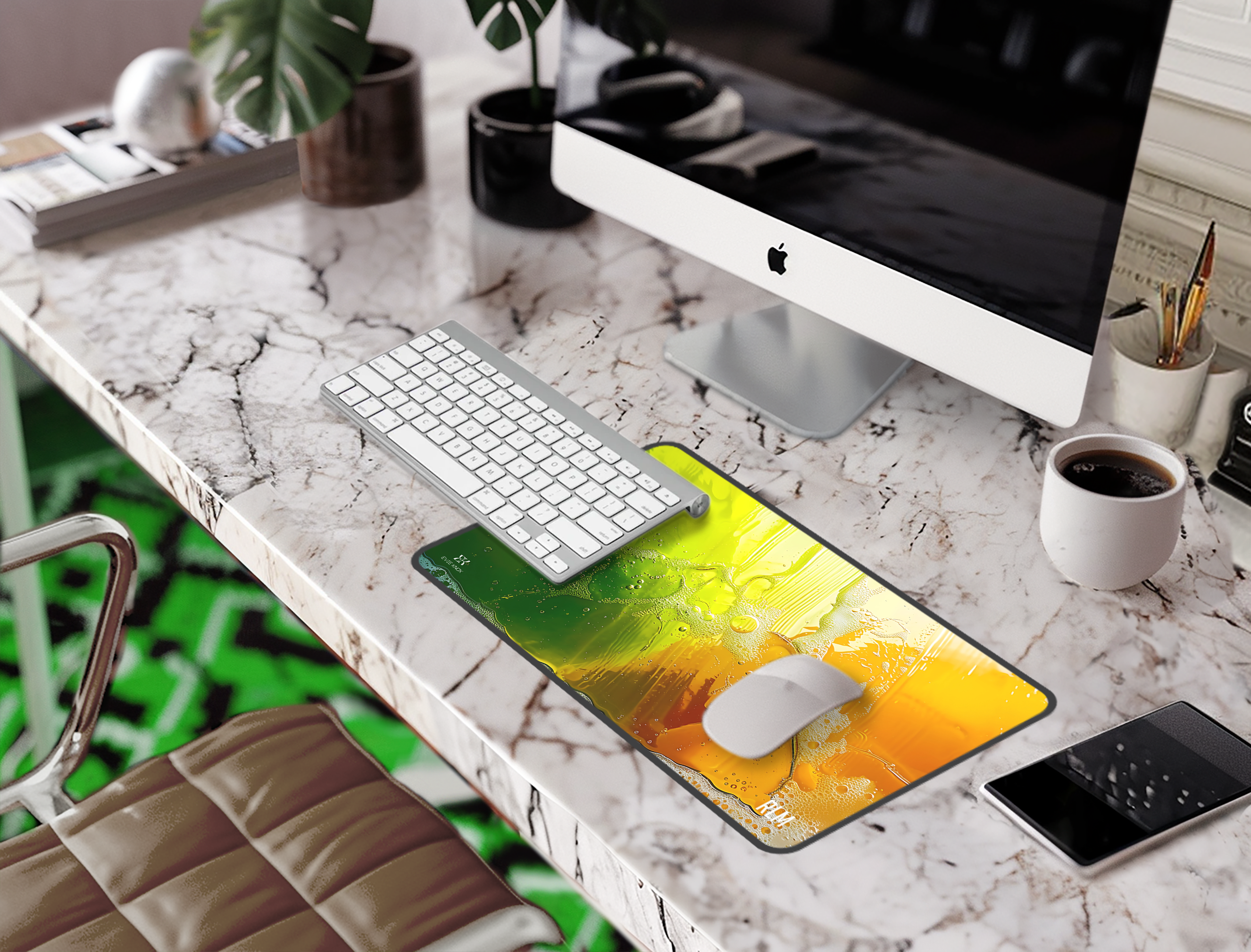 Translucent Summer Soap Desk Mat — Vibrant Green & Orange Mouse Pad